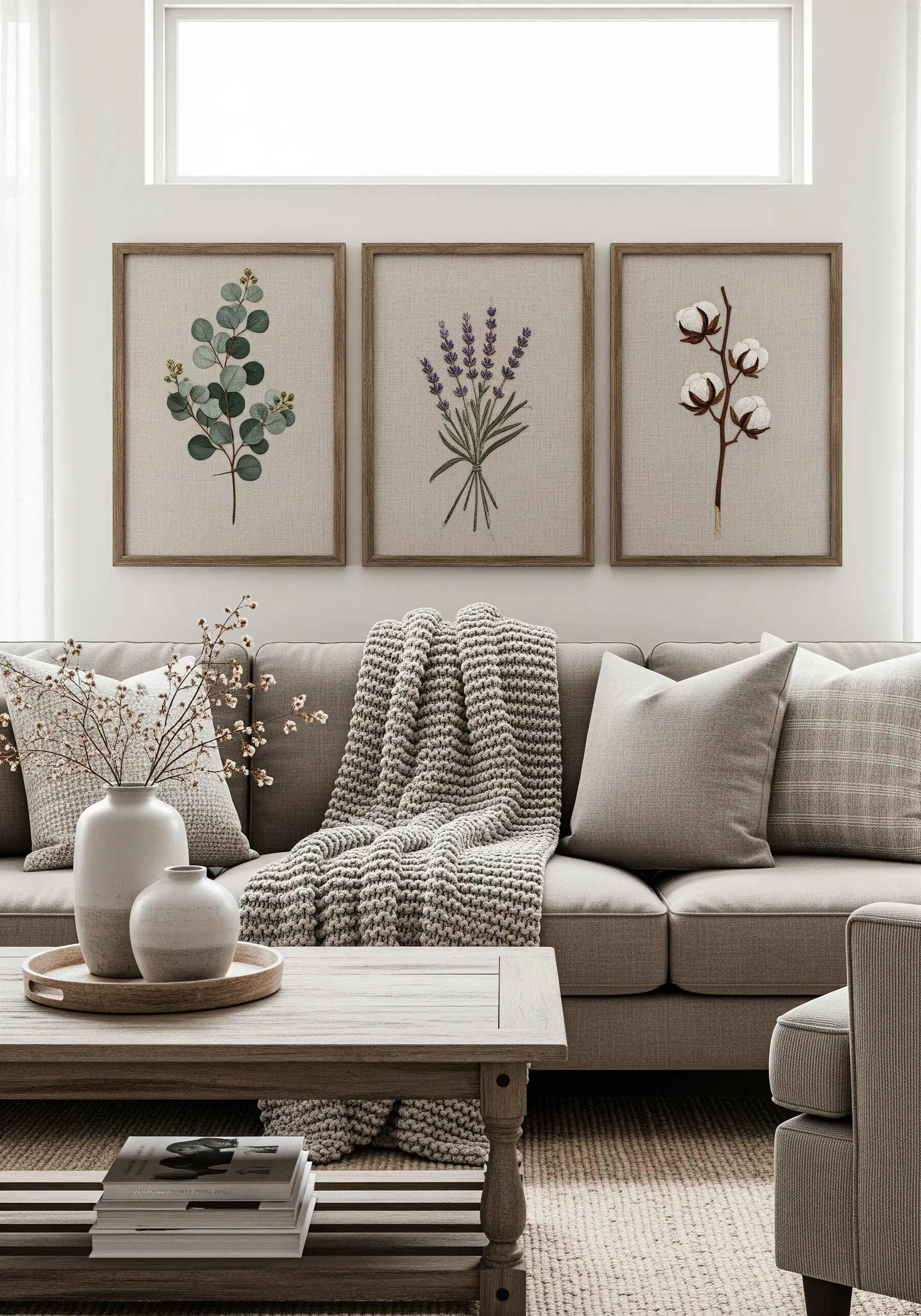 Framed embroidery triptych of eucalyptus, lavender, and cotton on oatmeal linen.