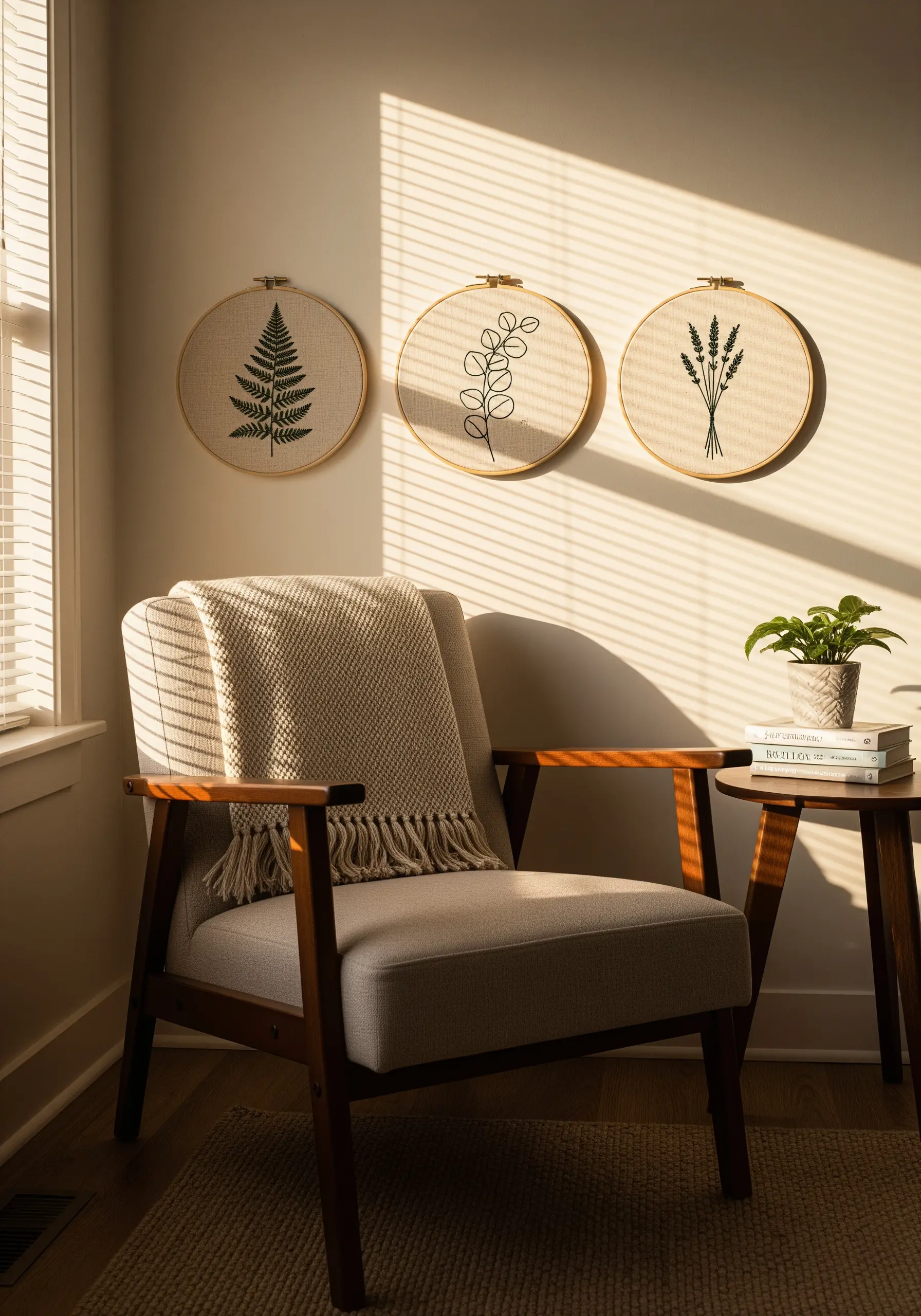 Three botanical embroidery hoops arranged on a wall