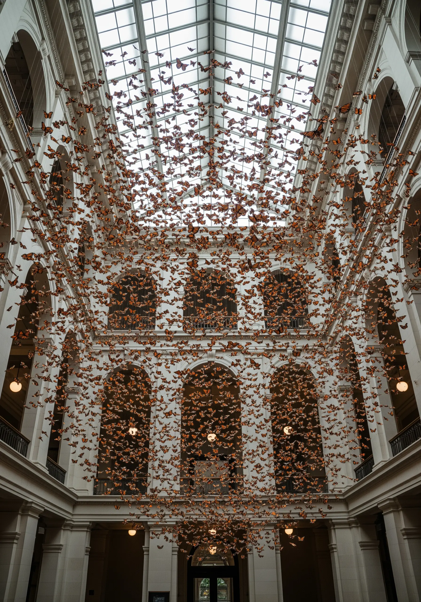 Thousands of small, embroidered butterflies hanging from the ceiling in a large hall.