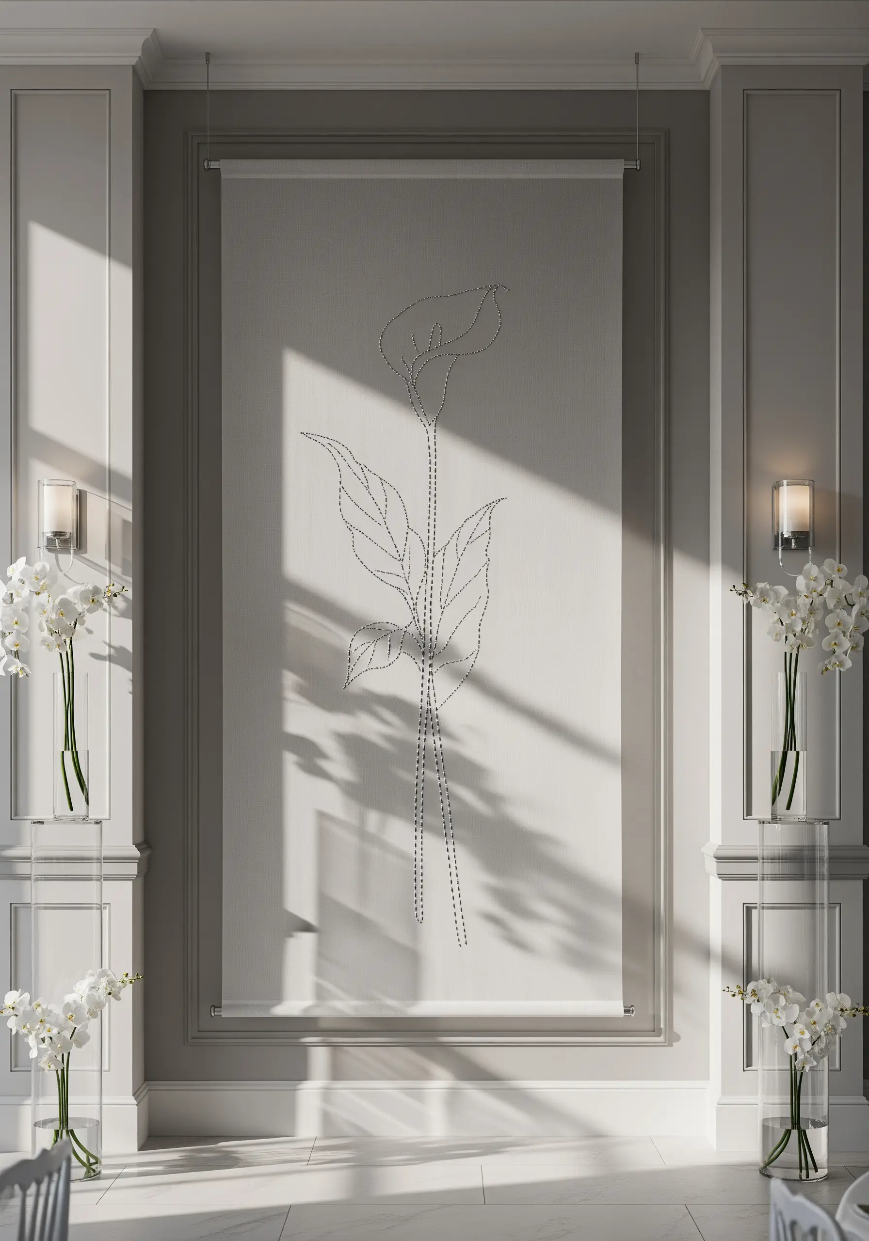 A large-scale calla lily embroidered with a simple running stitch on a sheer wall hanging.
