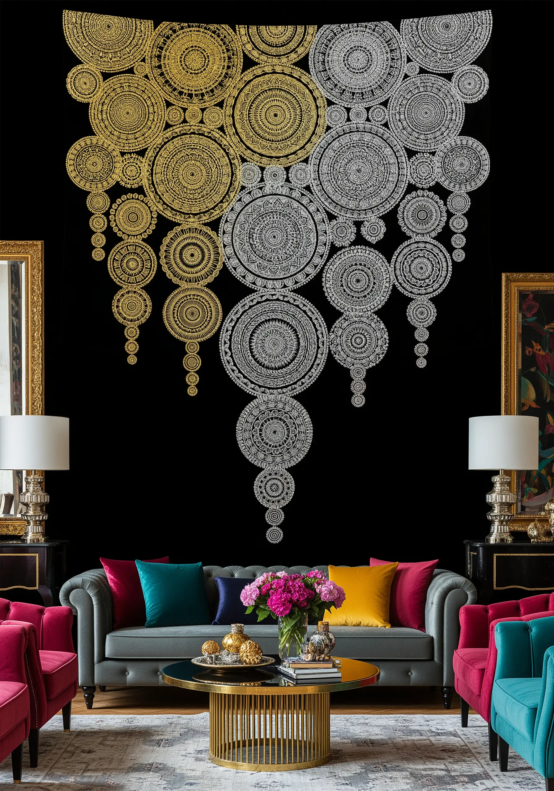 A large black tapestry covered in cascading mandalas stitched in a gold-to-silver gradient.