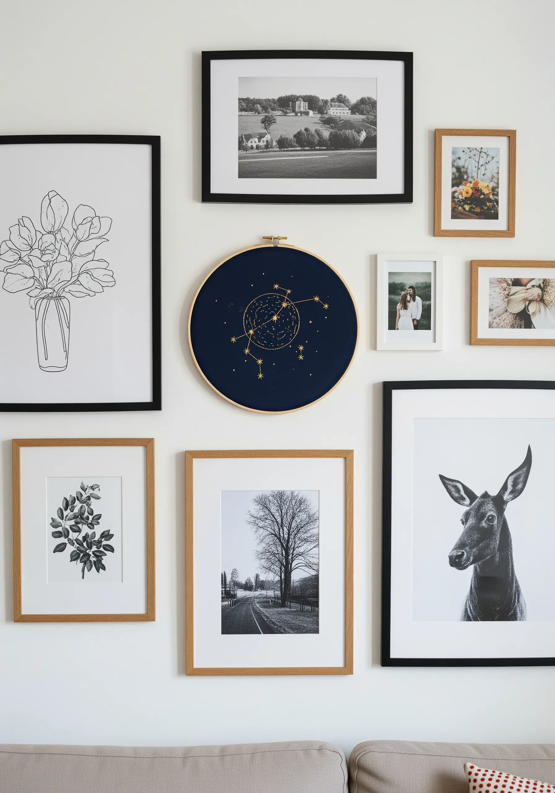 A zodiac constellation embroidered in gold thread on dark navy fabric in a hoop.