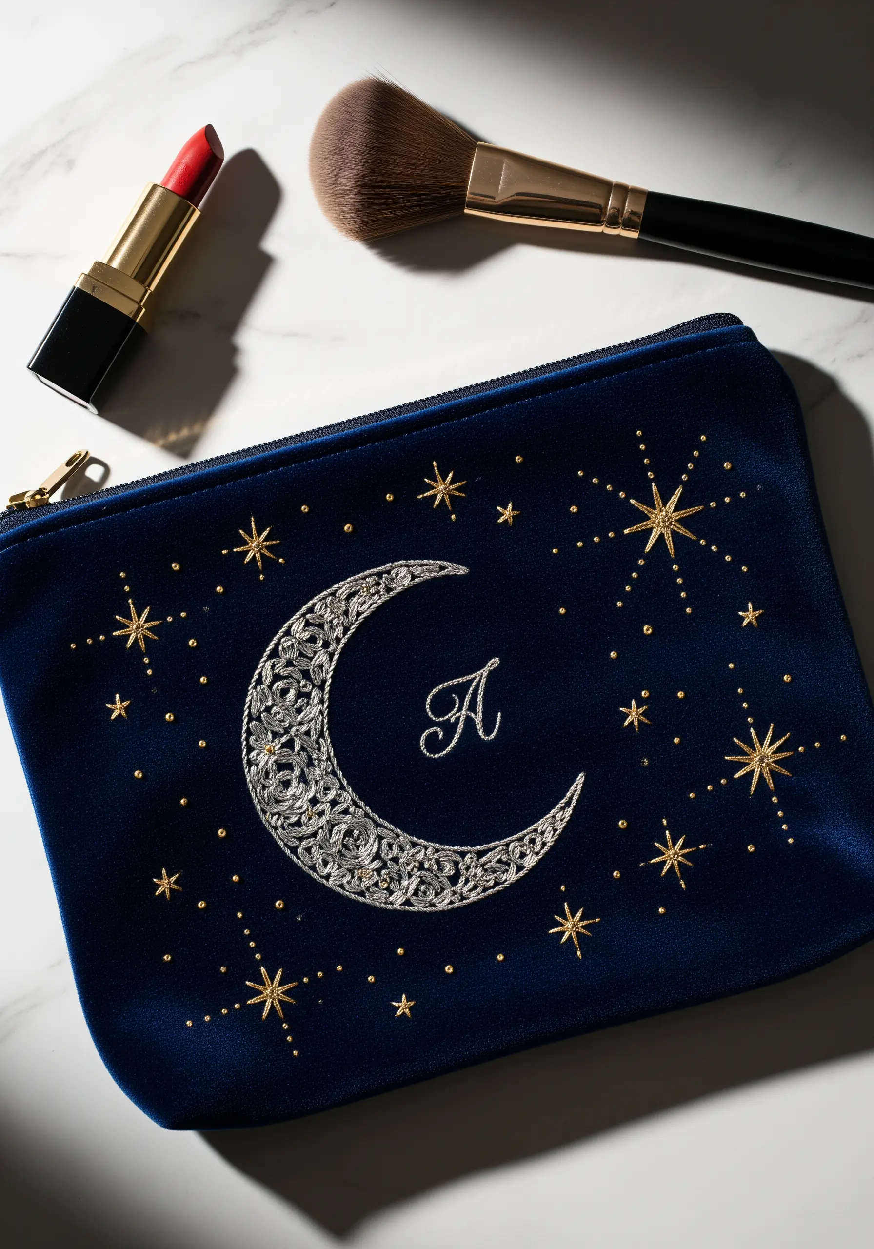 A plush navy velvet pouch embroidered with an ornate silver crescent moon and gold stars.