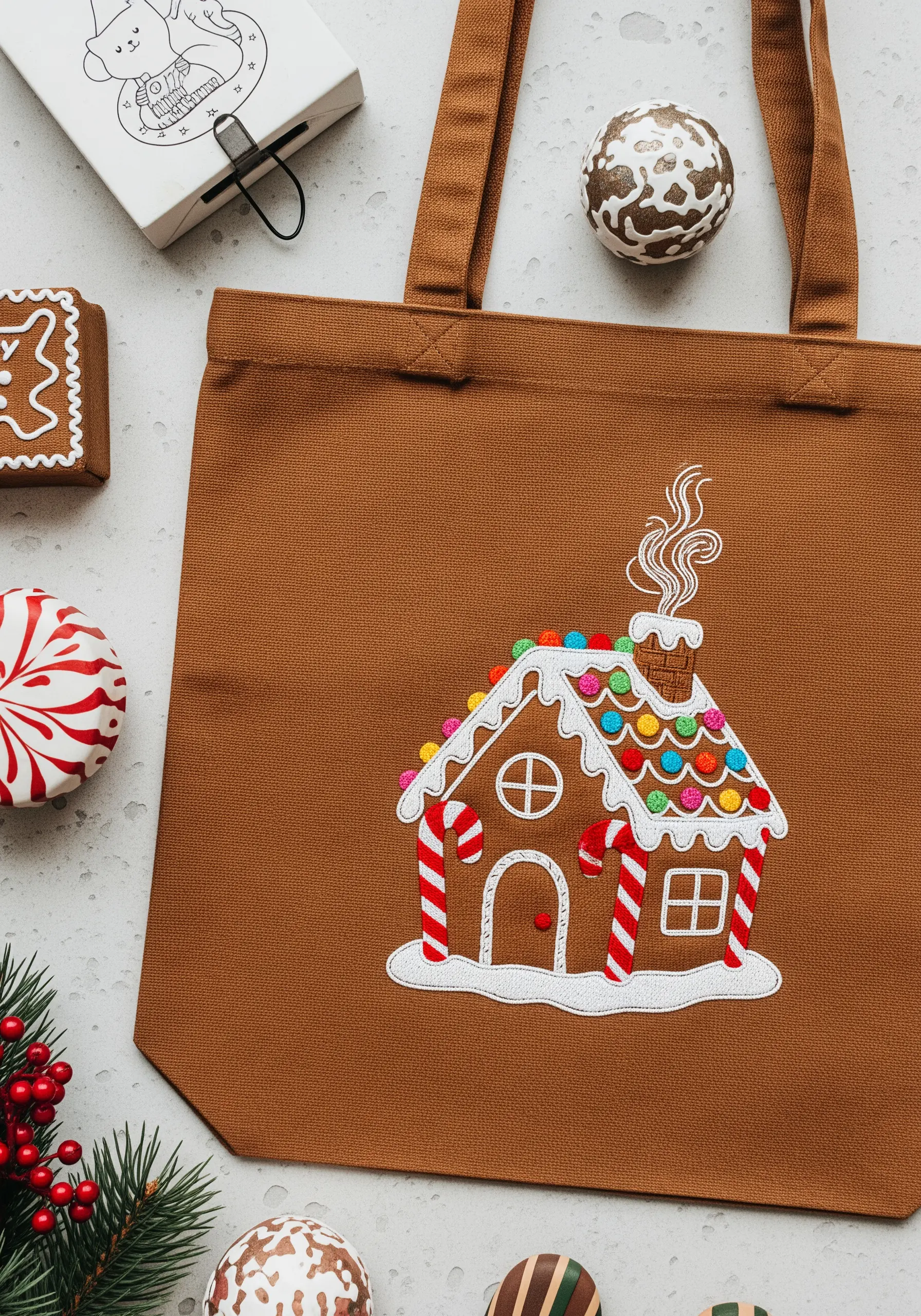 A whimsical embroidered gingerbread house with colorful candies on a brown canvas tote.