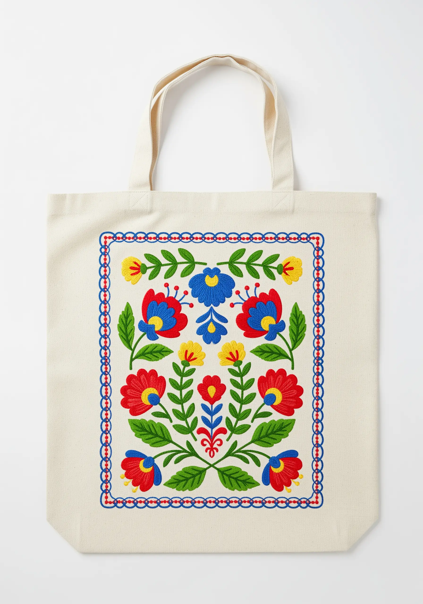 A symmetrical folk art floral pattern in red, blue, and yellow on a natural canvas tote bag.