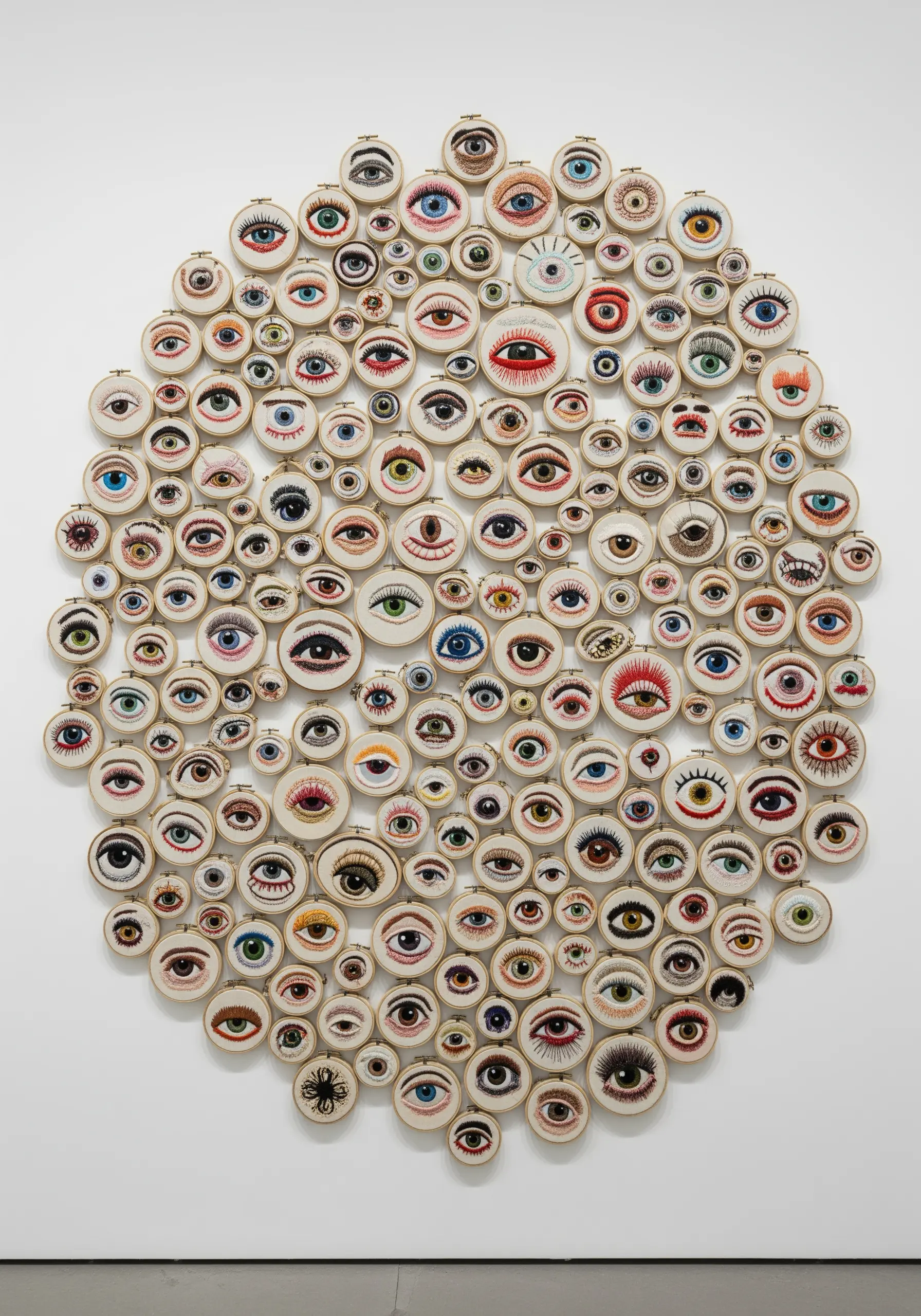 A large circular installation composed of dozens of small hoops, each with a unique embroidered eye.