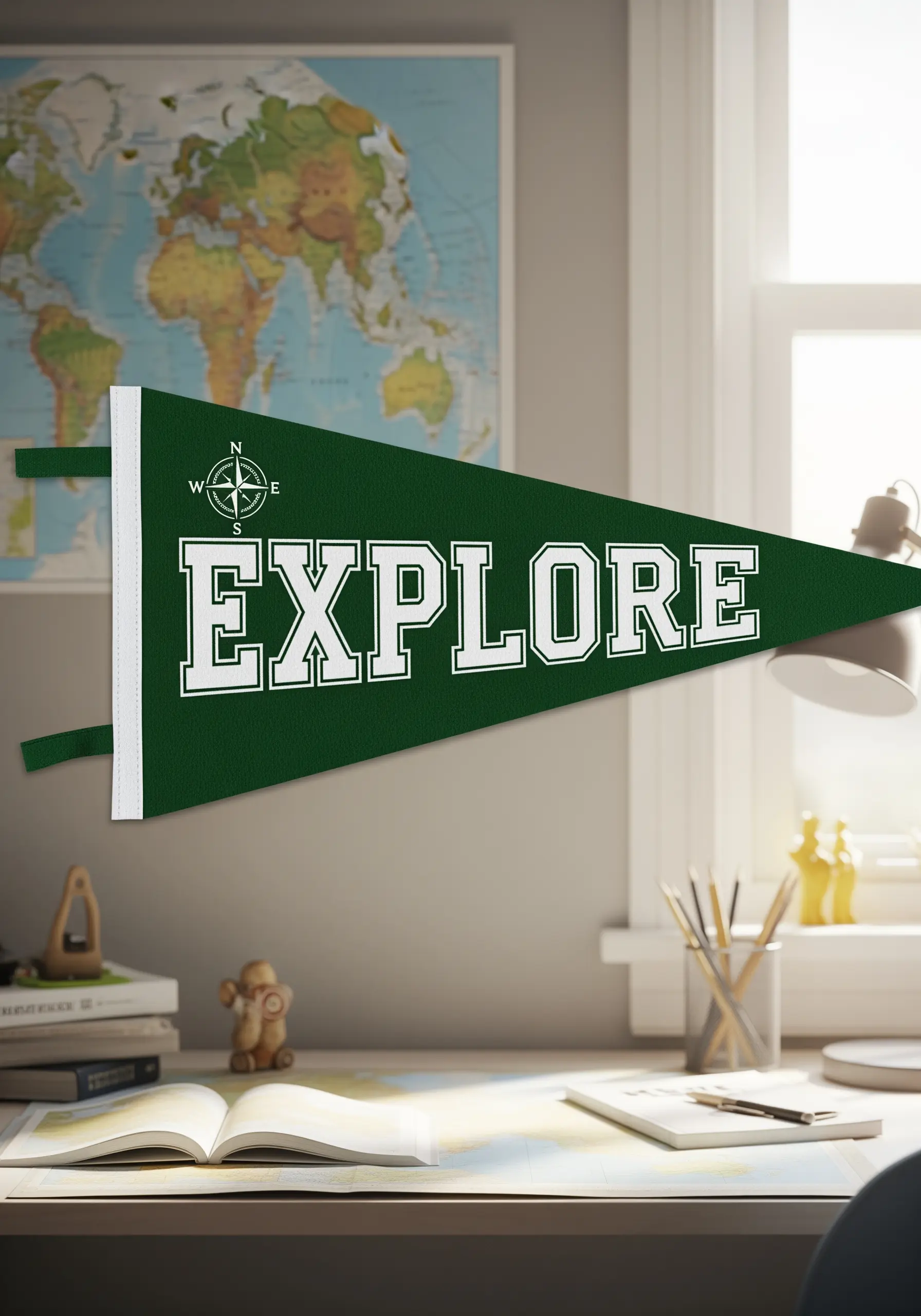 A green felt pennant flag with the word 'EXPLORE' and a compass rose in white appliqué.