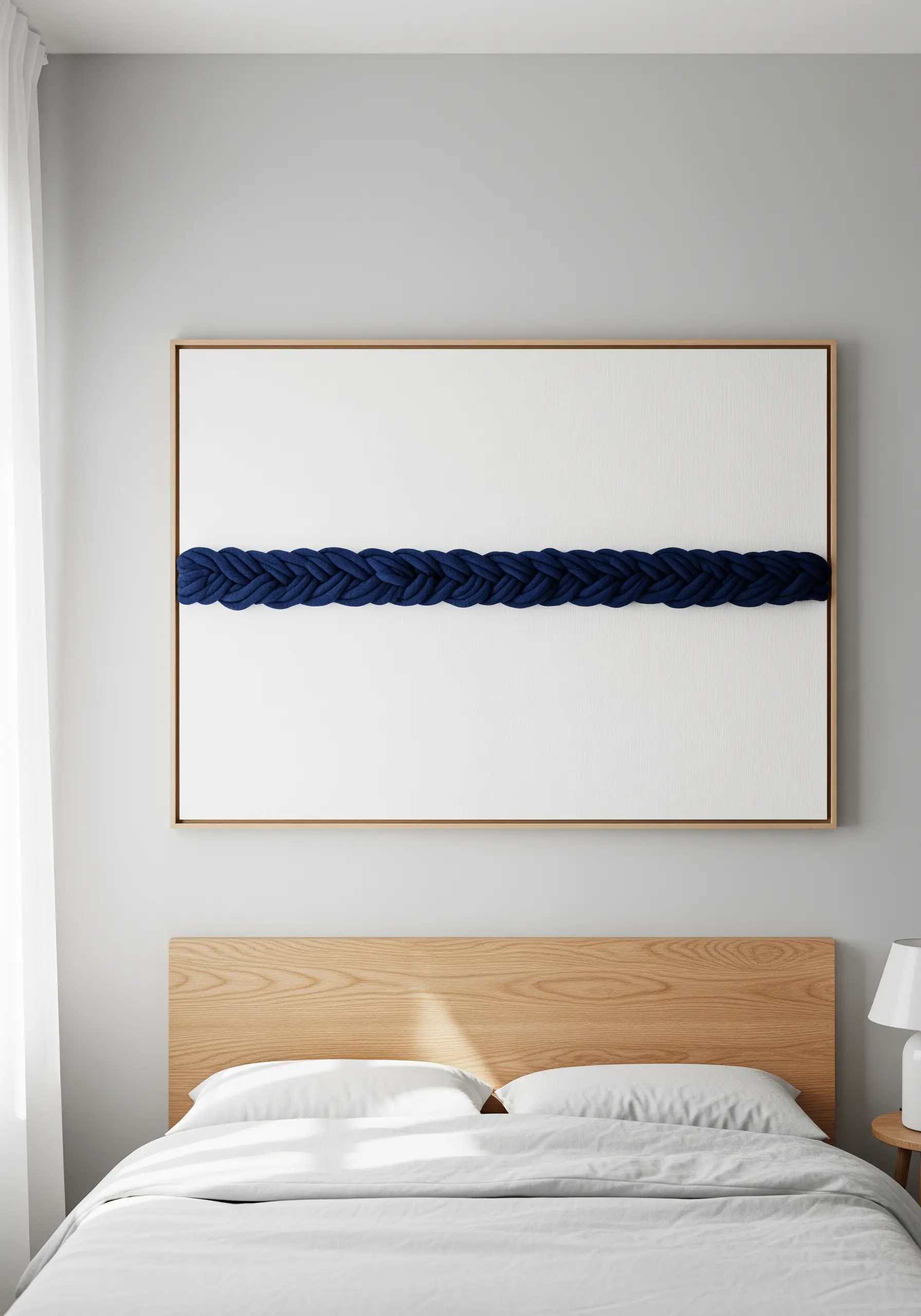 Minimalist single blue horizontal braid stitch on white canvas