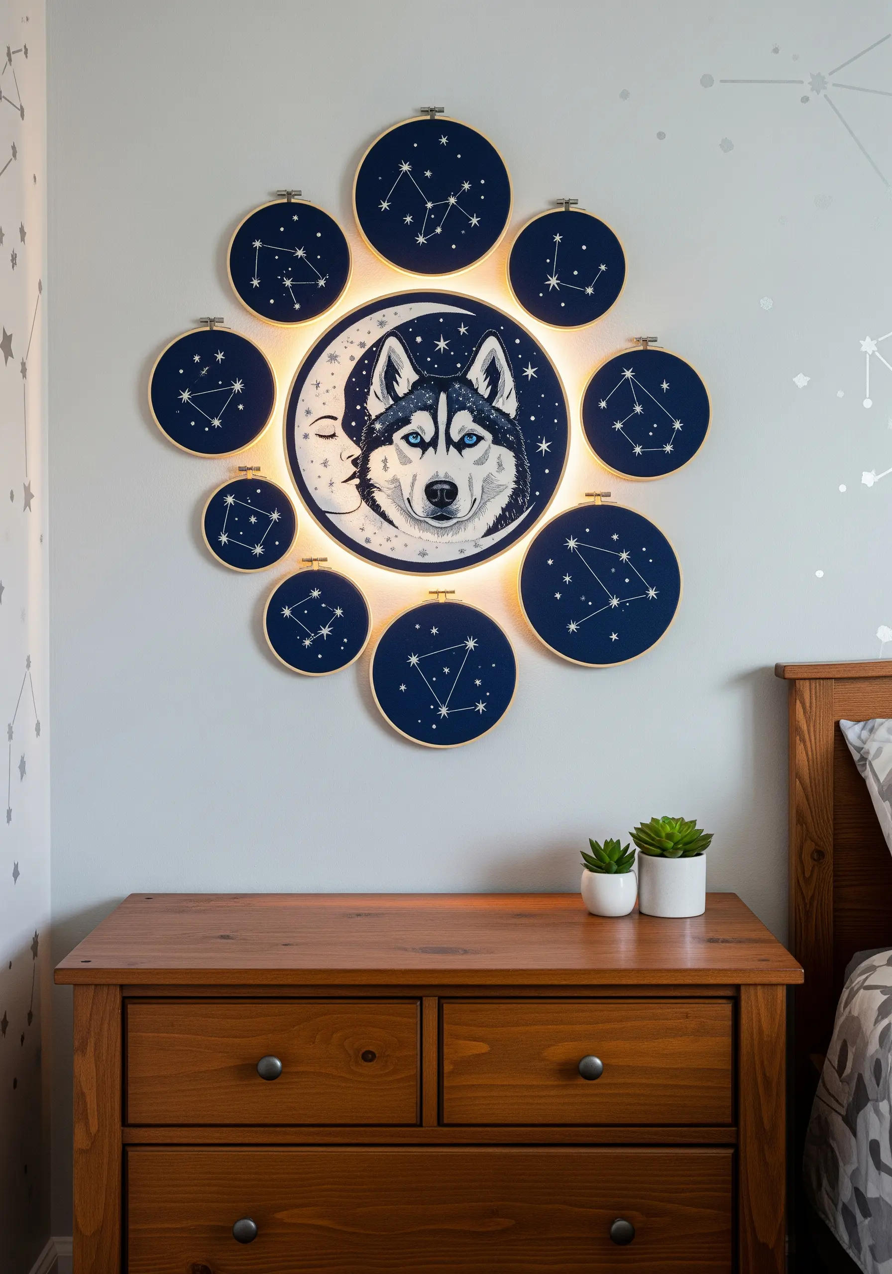 A husky portrait hoop surrounded by smaller hoops with embroidered constellations.