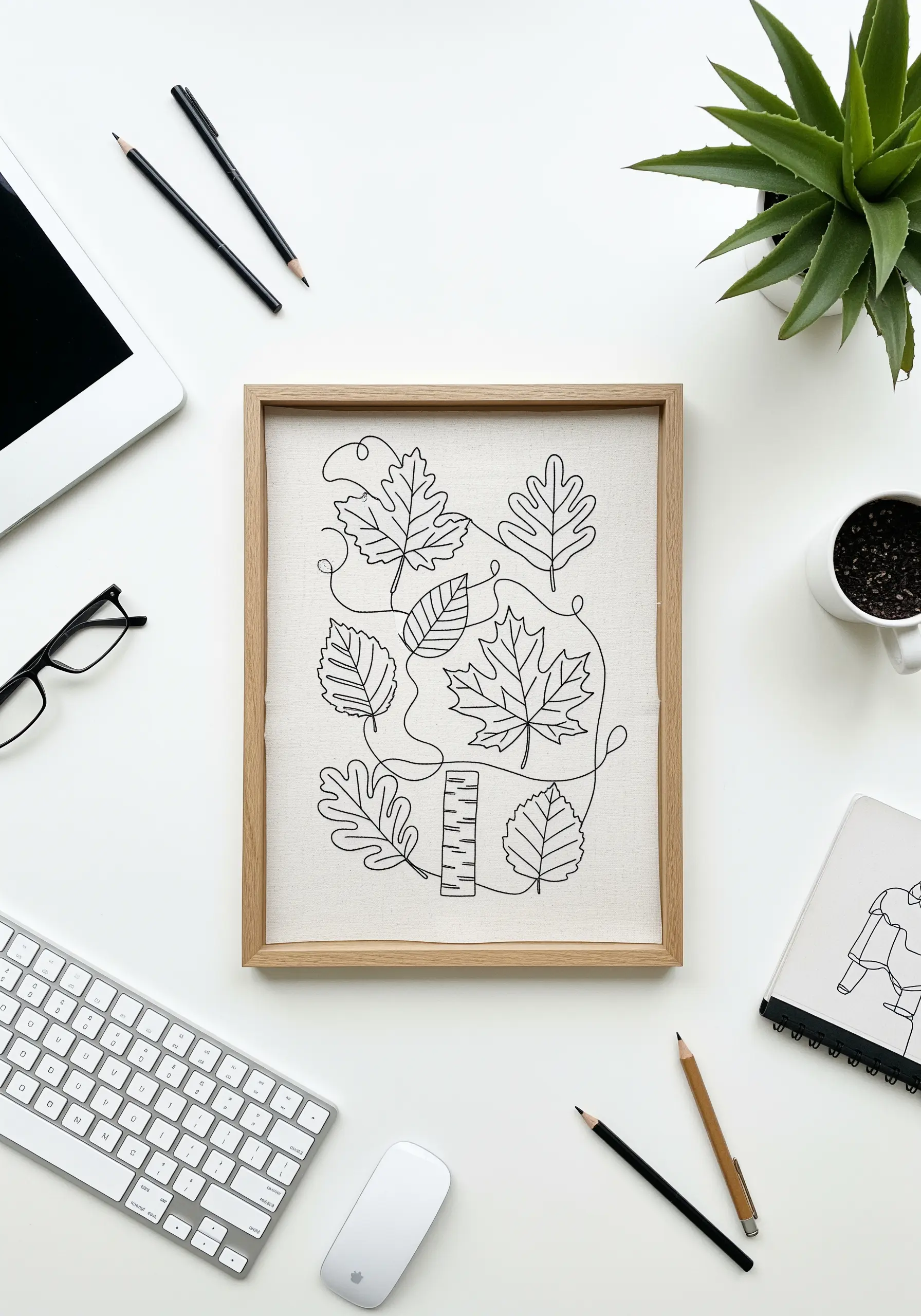 A single black line meanders to form different leaf shapes inside a wooden frame.