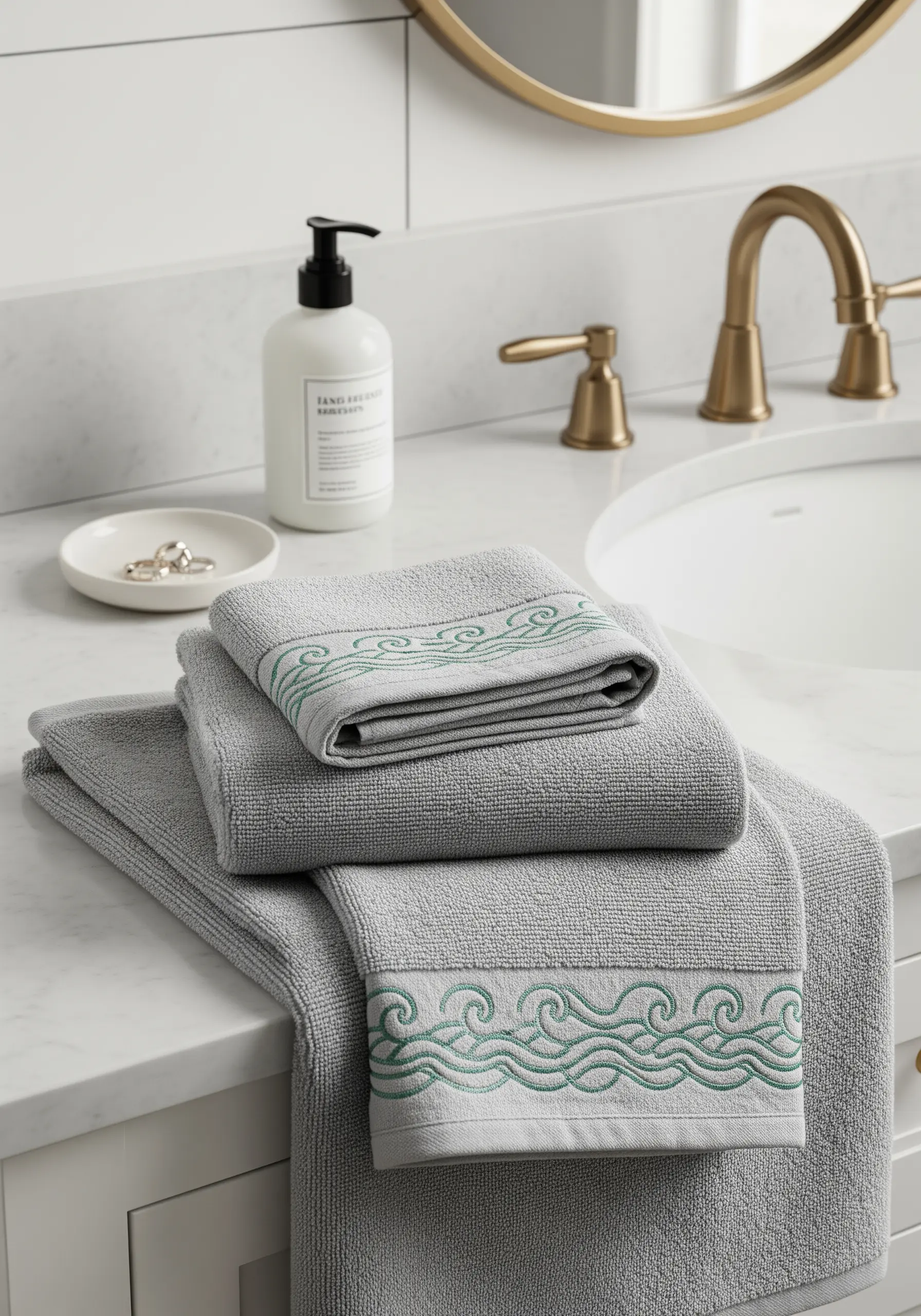 A continuous, stylized wave pattern embroidered in teal on the border of a gray towel.