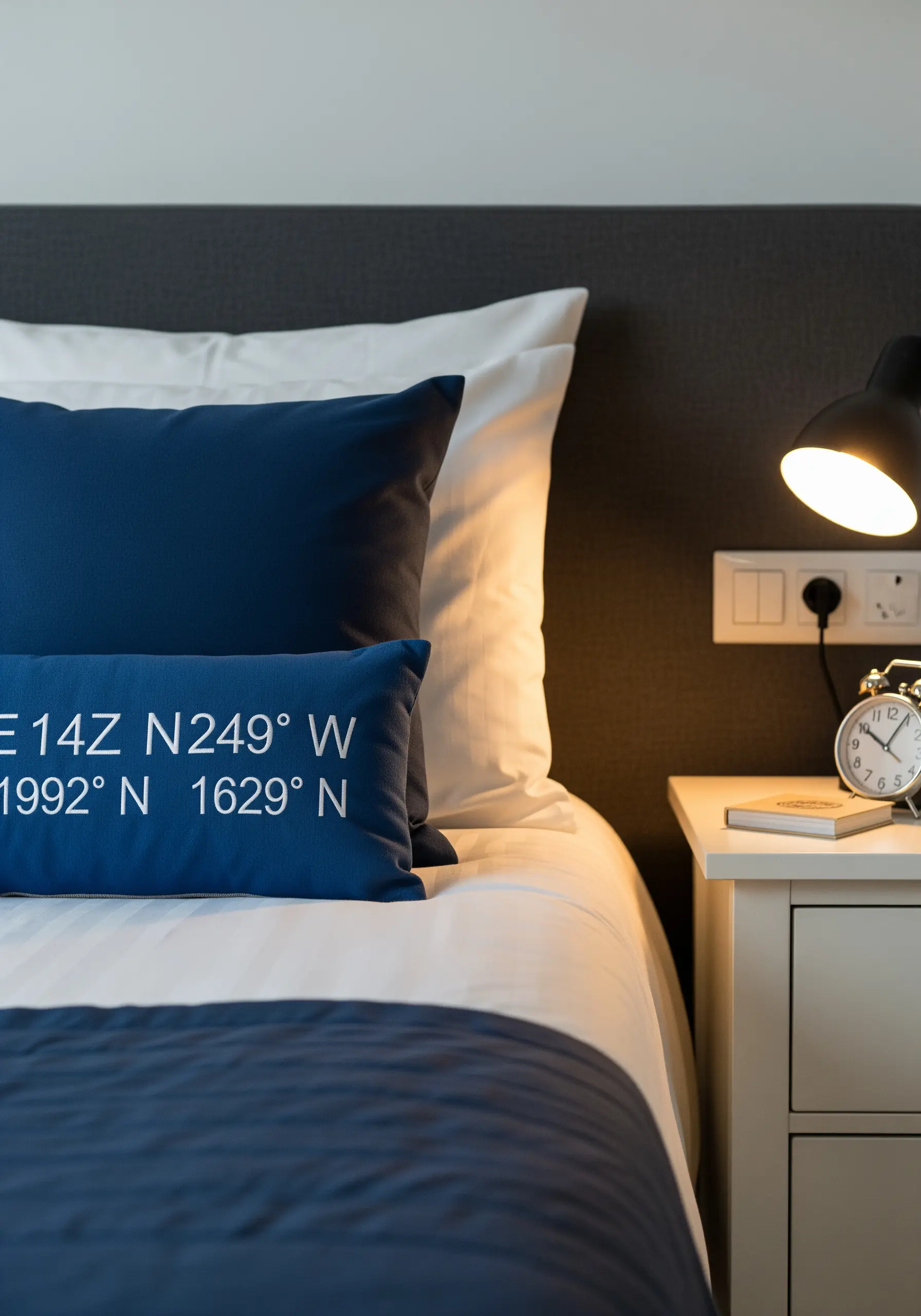 White geographic coordinates embroidered on a navy blue lumbar pillow.