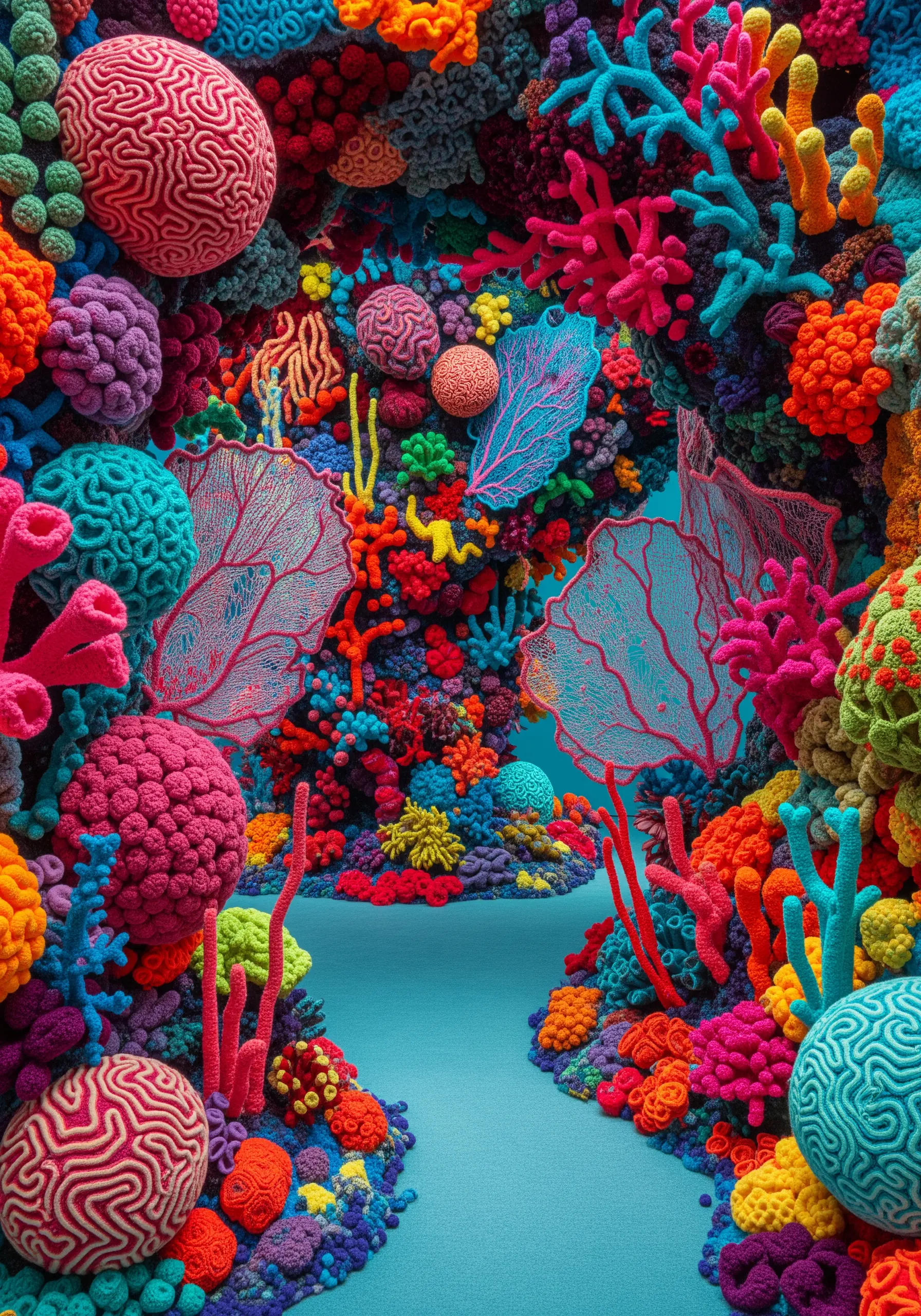 A colorful fiber art coral reef made with crochet and embroidery techniques.