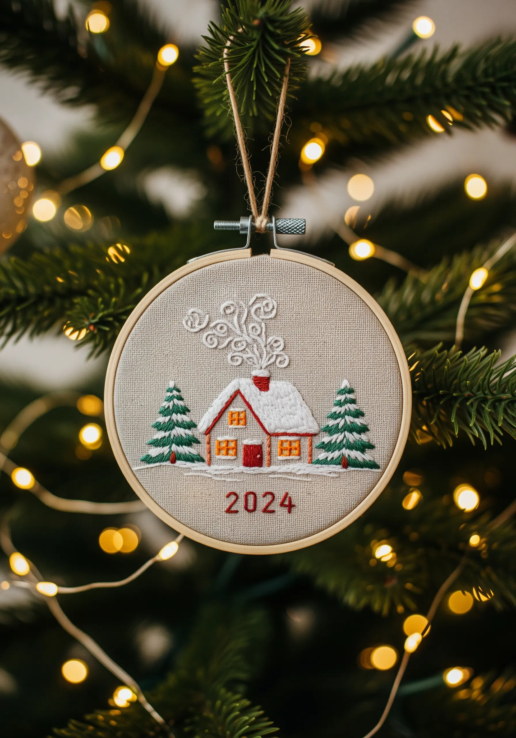 A round embroidery hoop ornament depicting a cozy winter cabin scene with snowy trees.