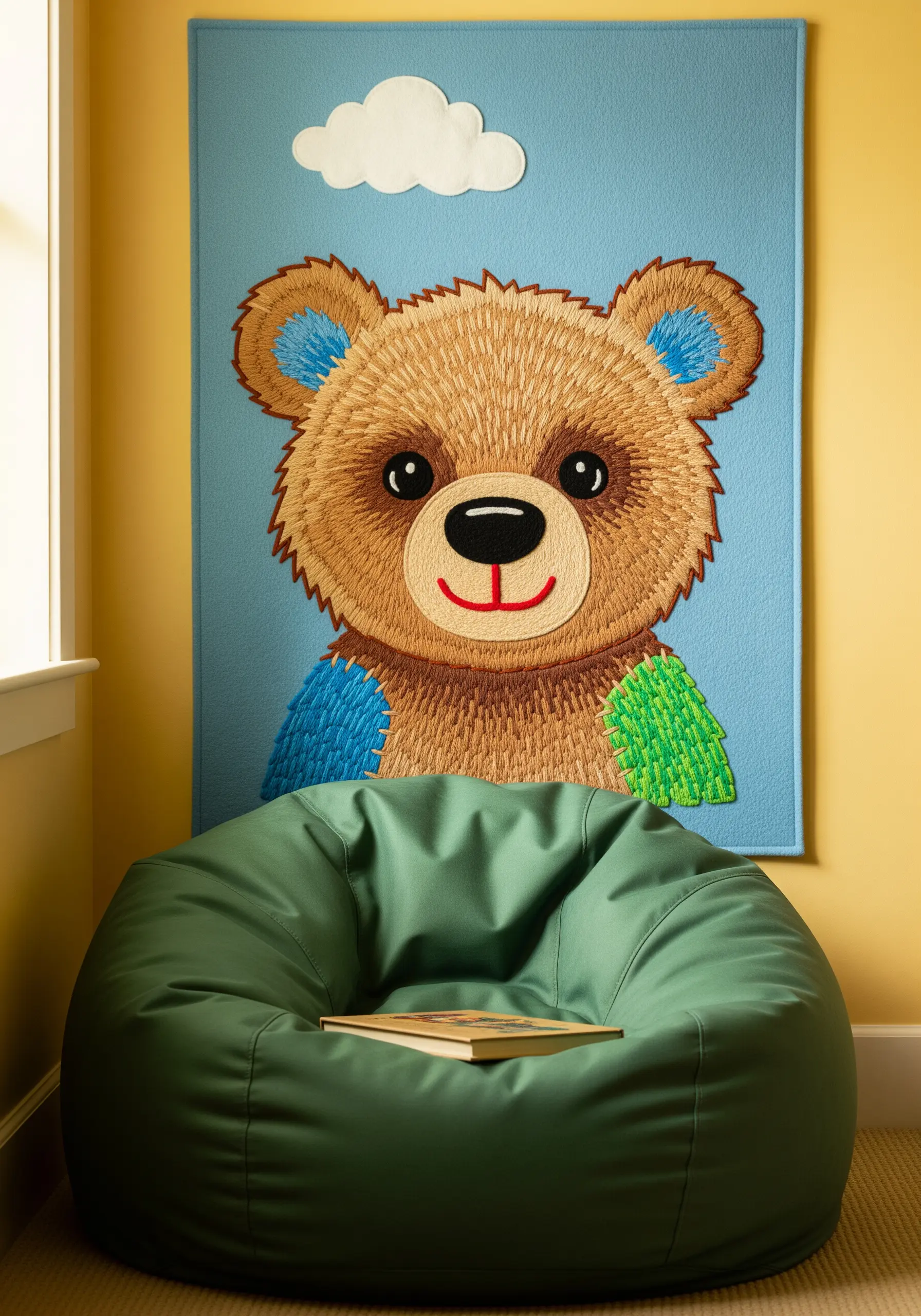 A large, embroidered teddy bear wall hanging in a child's room.