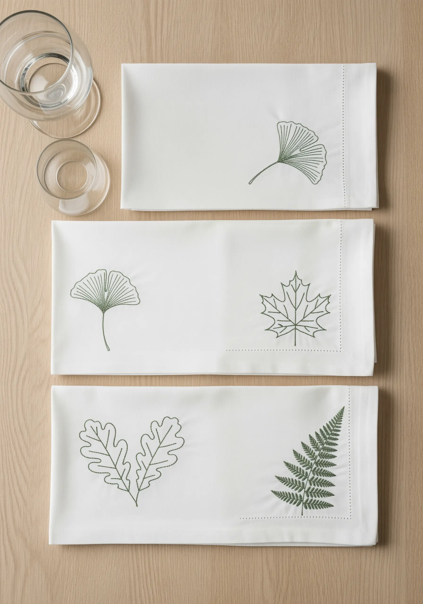 A set of white napkins, each embroidered with a different green leaf outline.