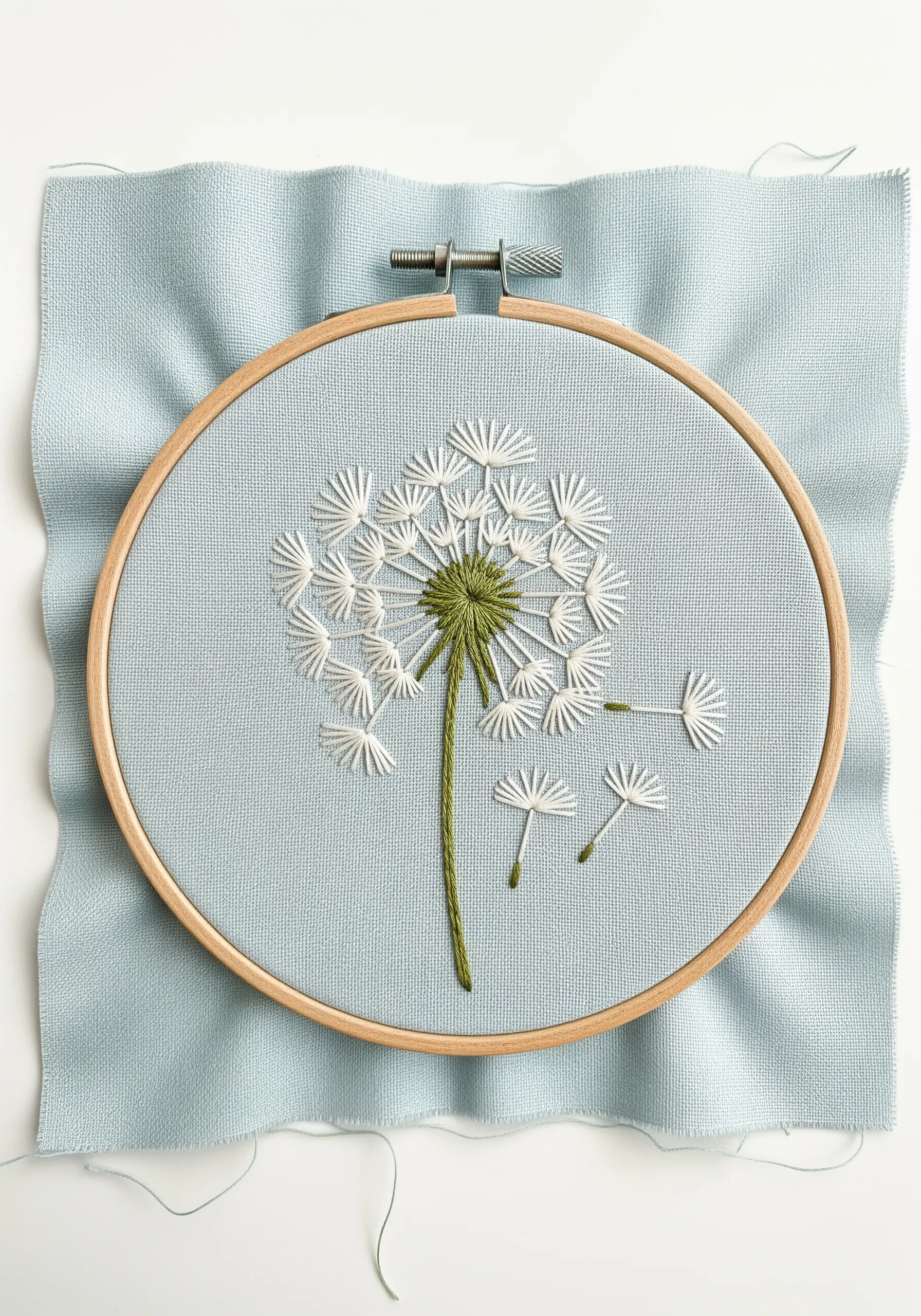 An embroidered dandelion puff with seeds blowing away on light blue fabric.