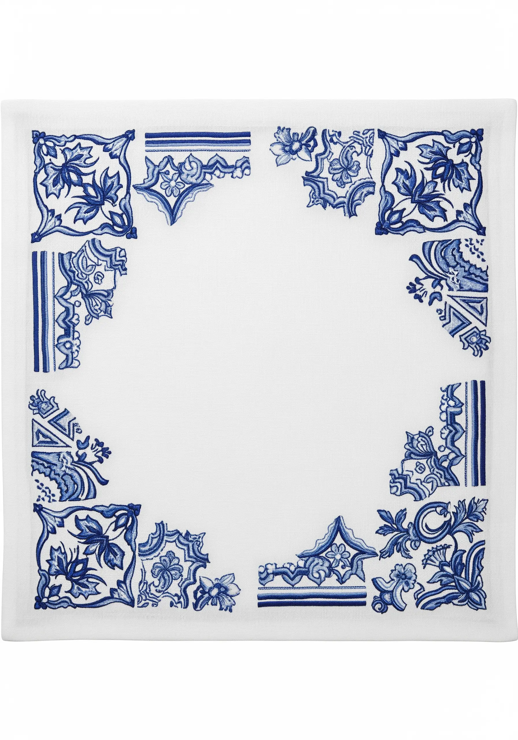 A placemat framed with artistic fragments of blue and white embroidered tile motifs.