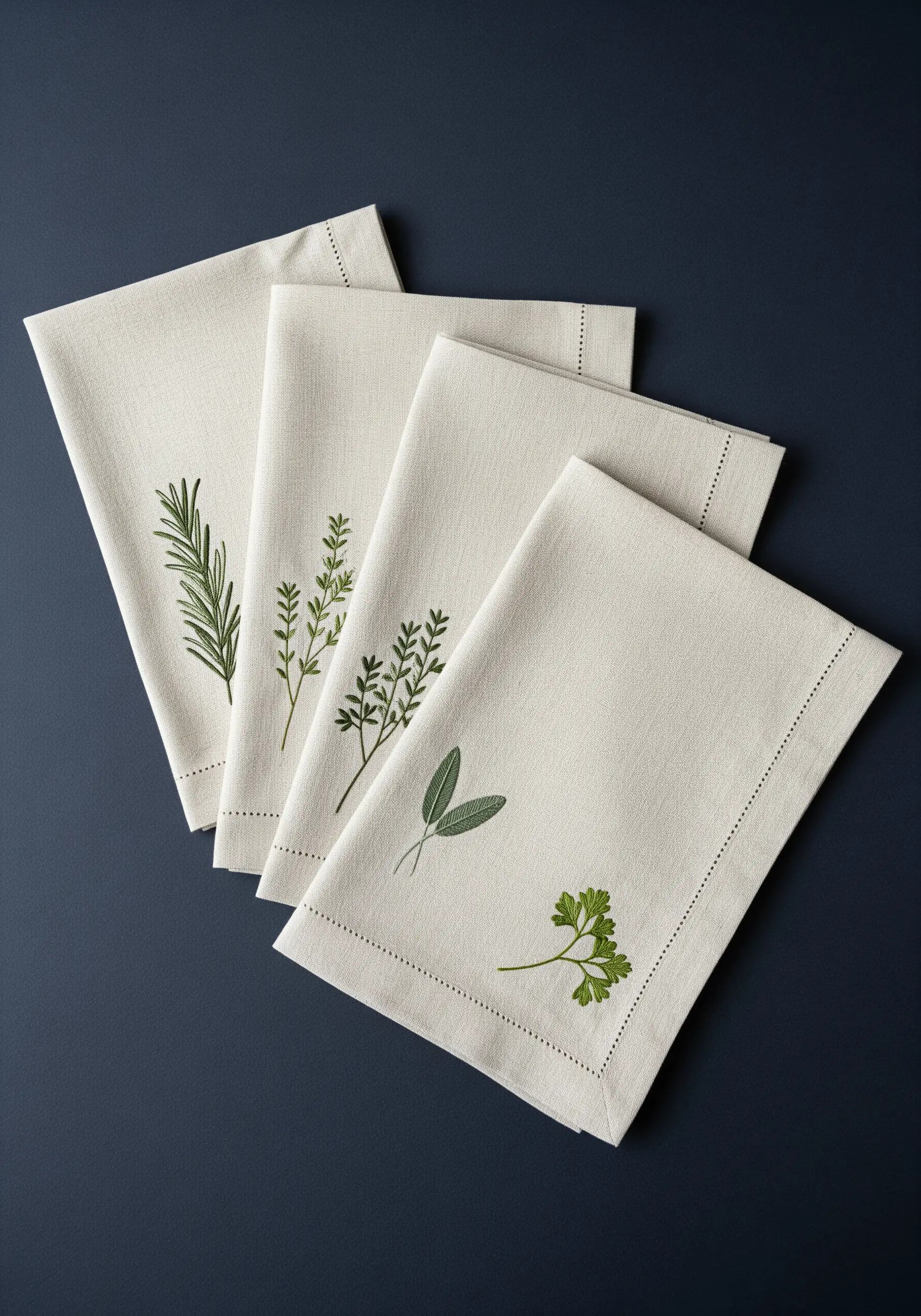 Four linen napkins, each embroidered with a different delicate herb like rosemary and sage.
