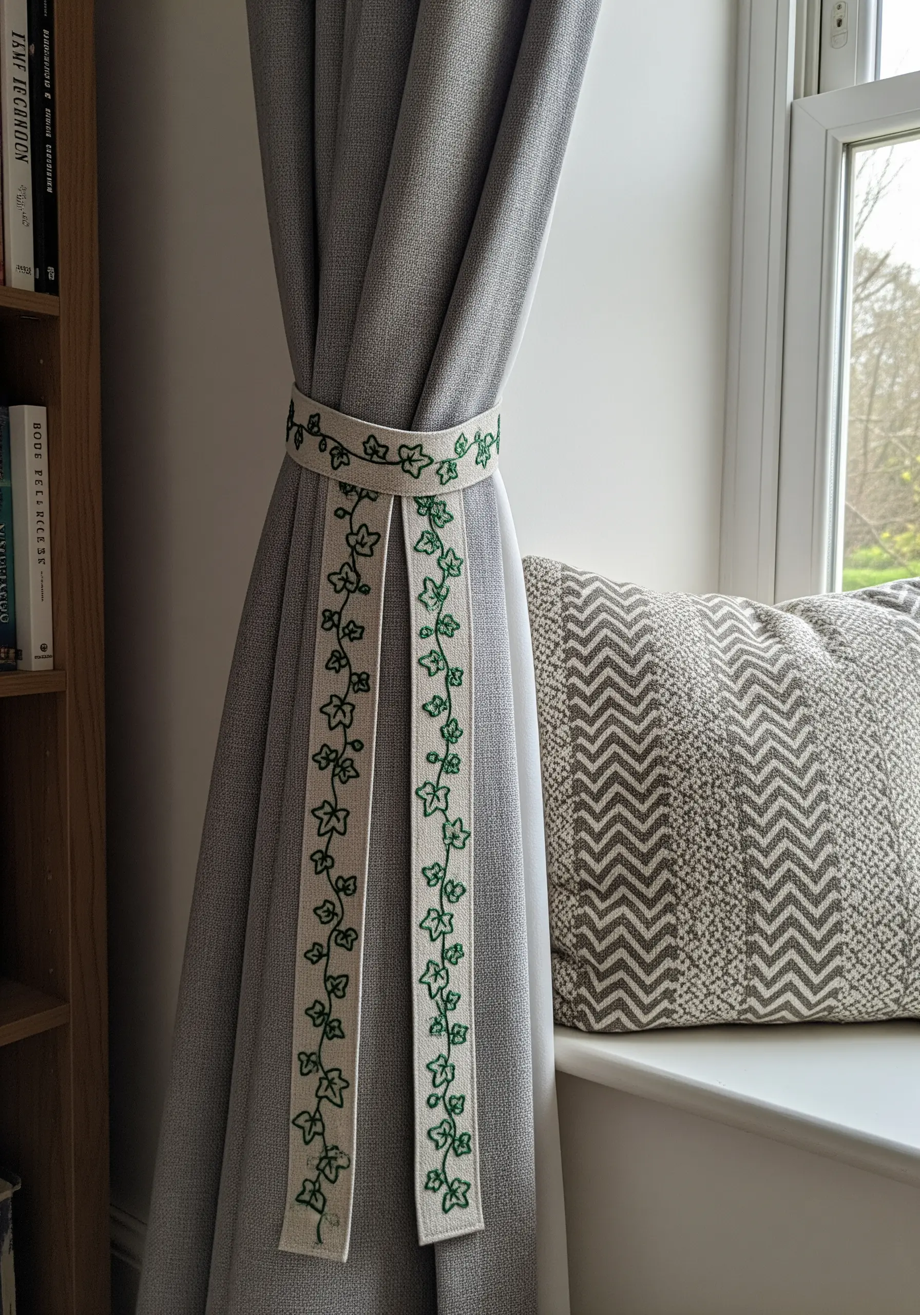 A curtain tie-back decorated with a simple embroidered pattern of an ivy vine.
