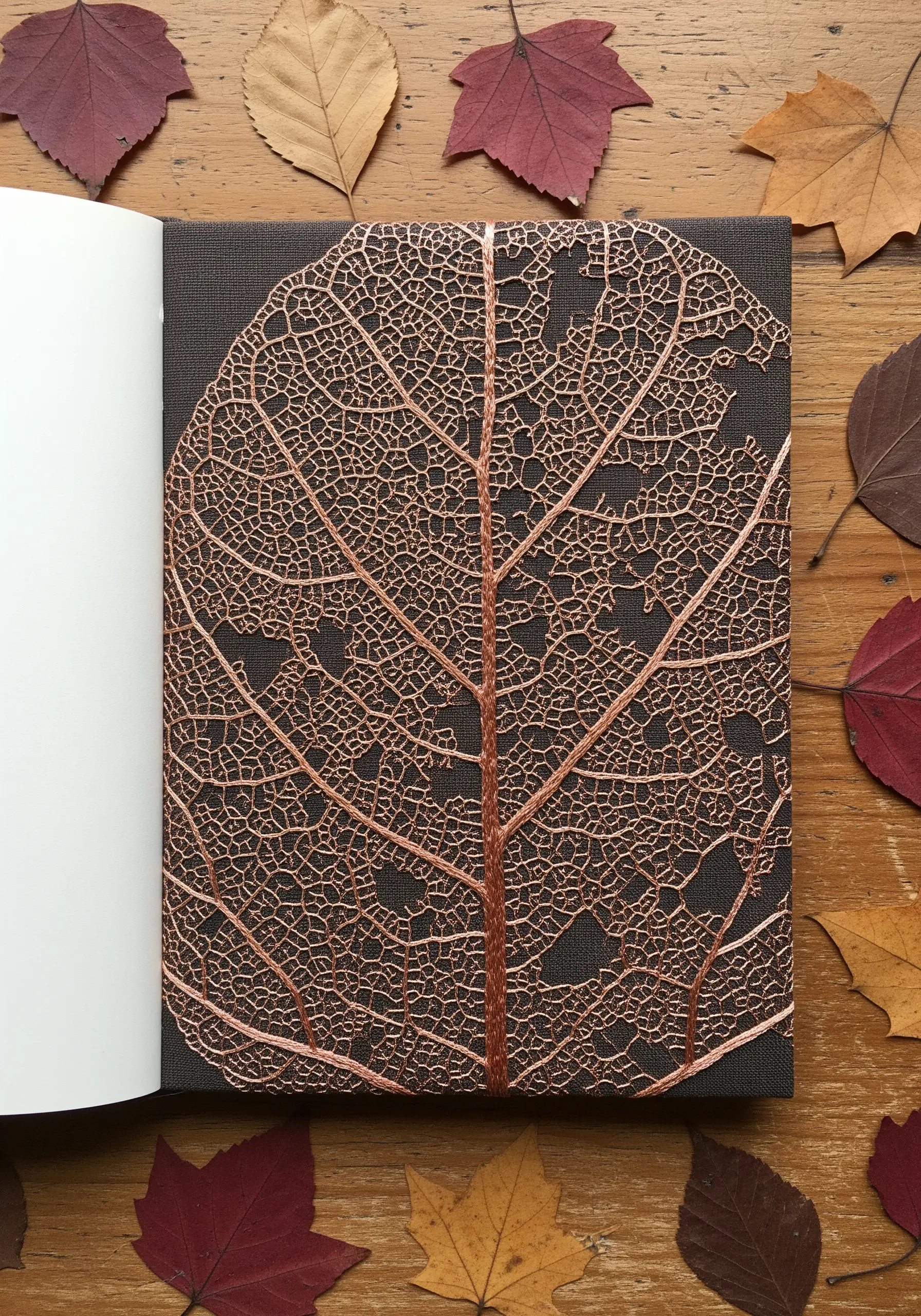 A delicate, embroidered skeleton leaf in copper thread on a dark background.