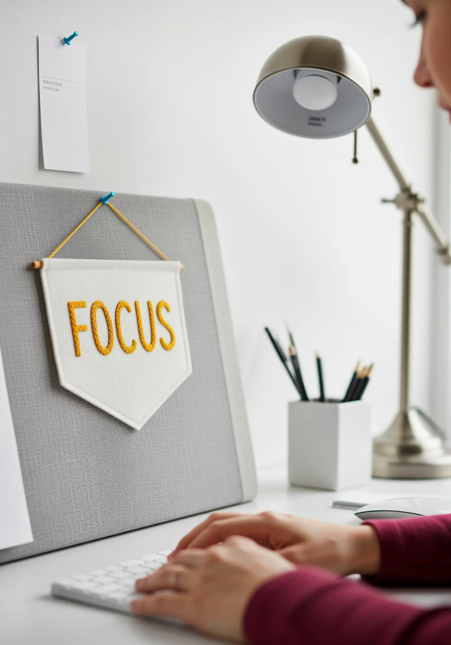 The word 'FOCUS' embroidered in a thick, textured yellow stitch on a white felt banner.