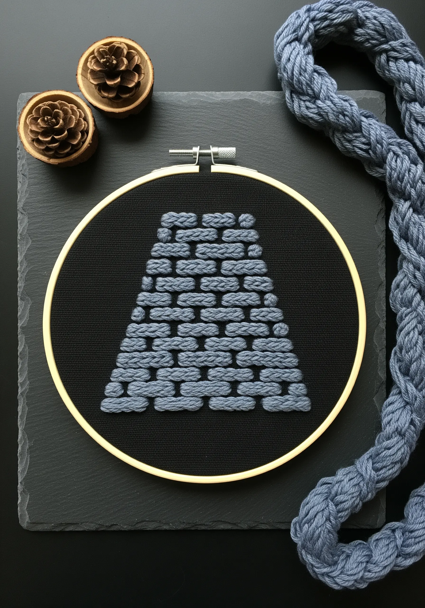 A stacked shape made of horizontal rows of grey raised chain stitch on a black hoop.