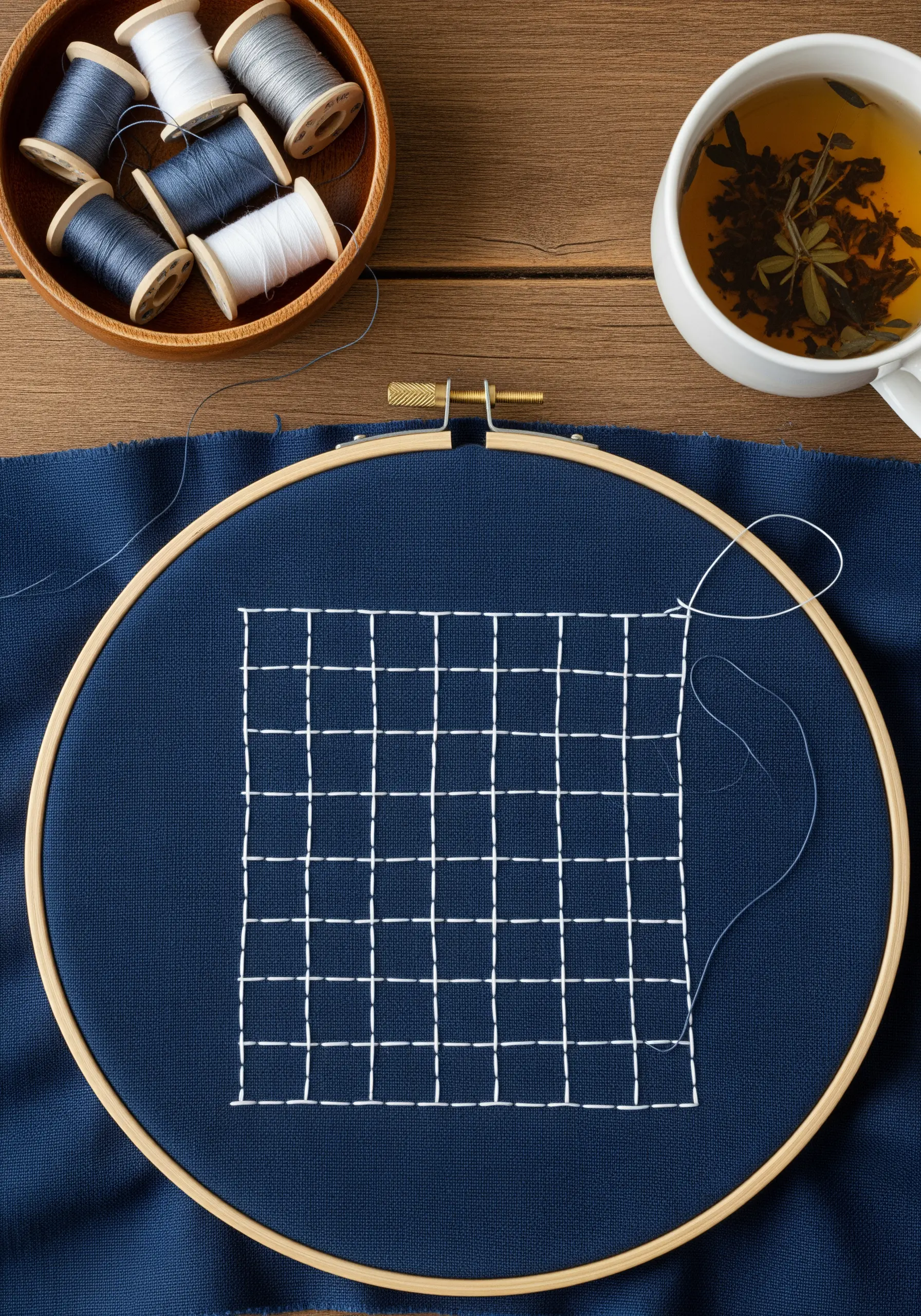White sashiko grid stitching on dark blue fabric