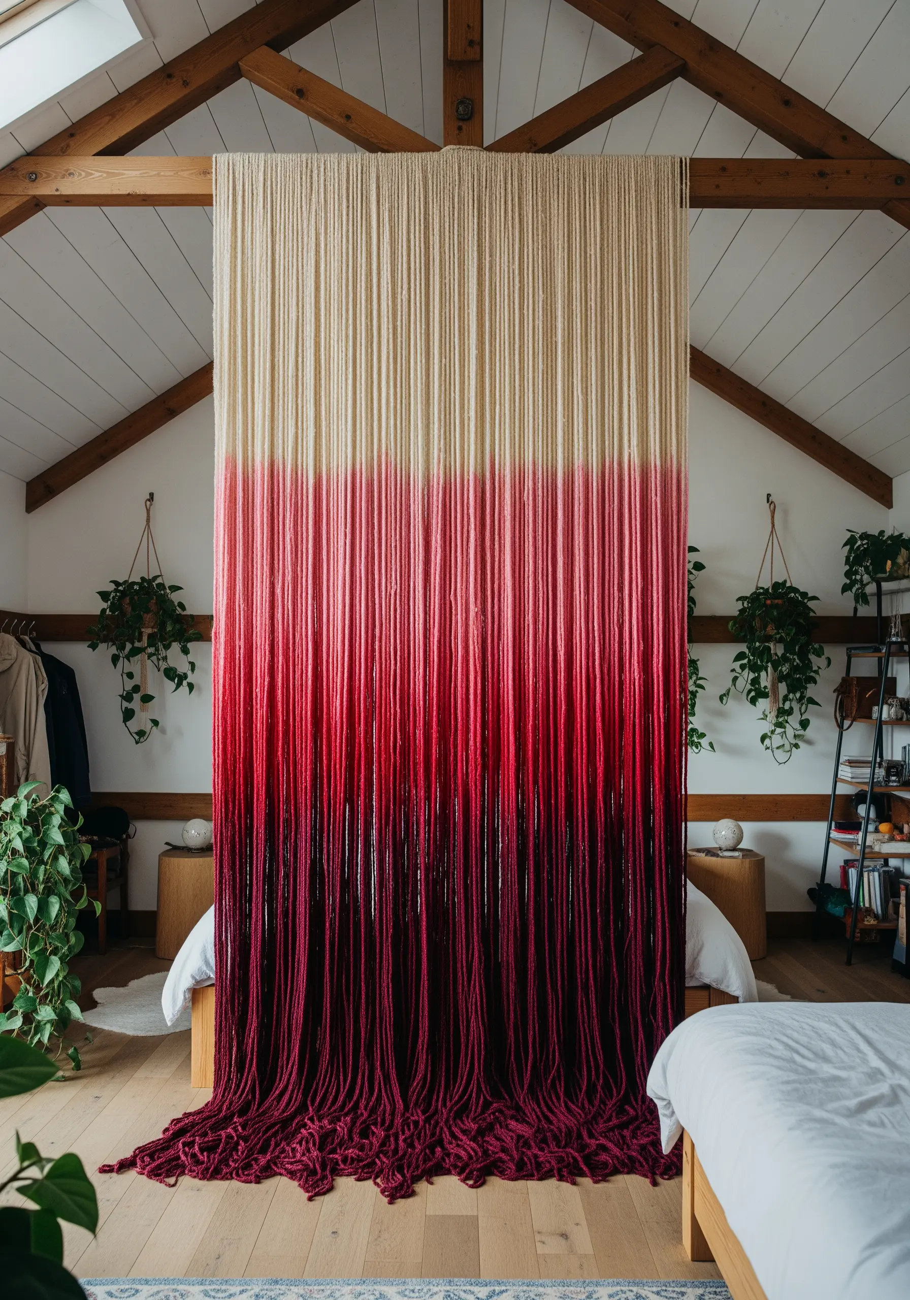 Floor-to-ceiling yarn curtain dip-dyed from cream to deep red