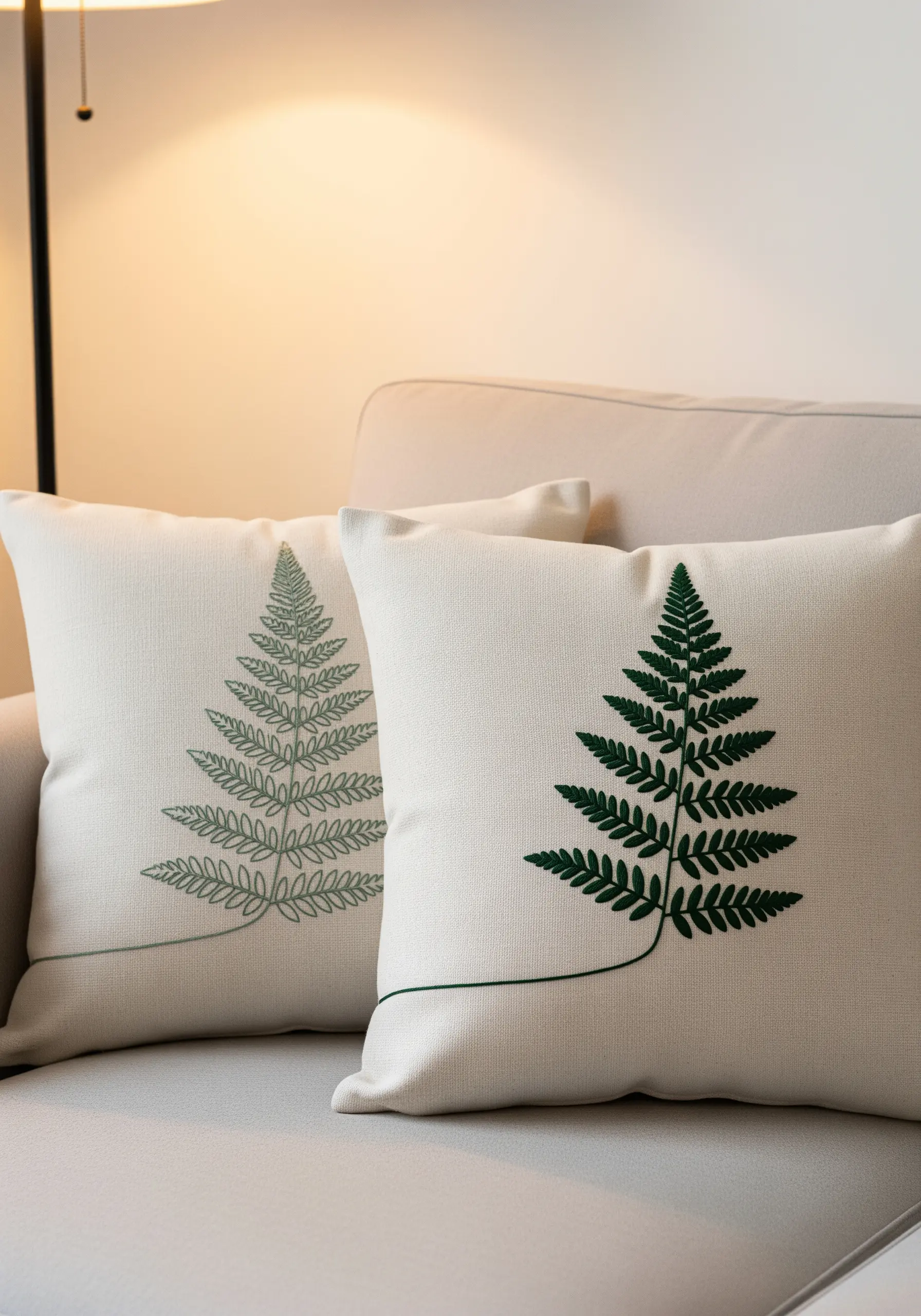 Two pillows with fern embroidery: one in outline stitch, the other in solid fill stitch.