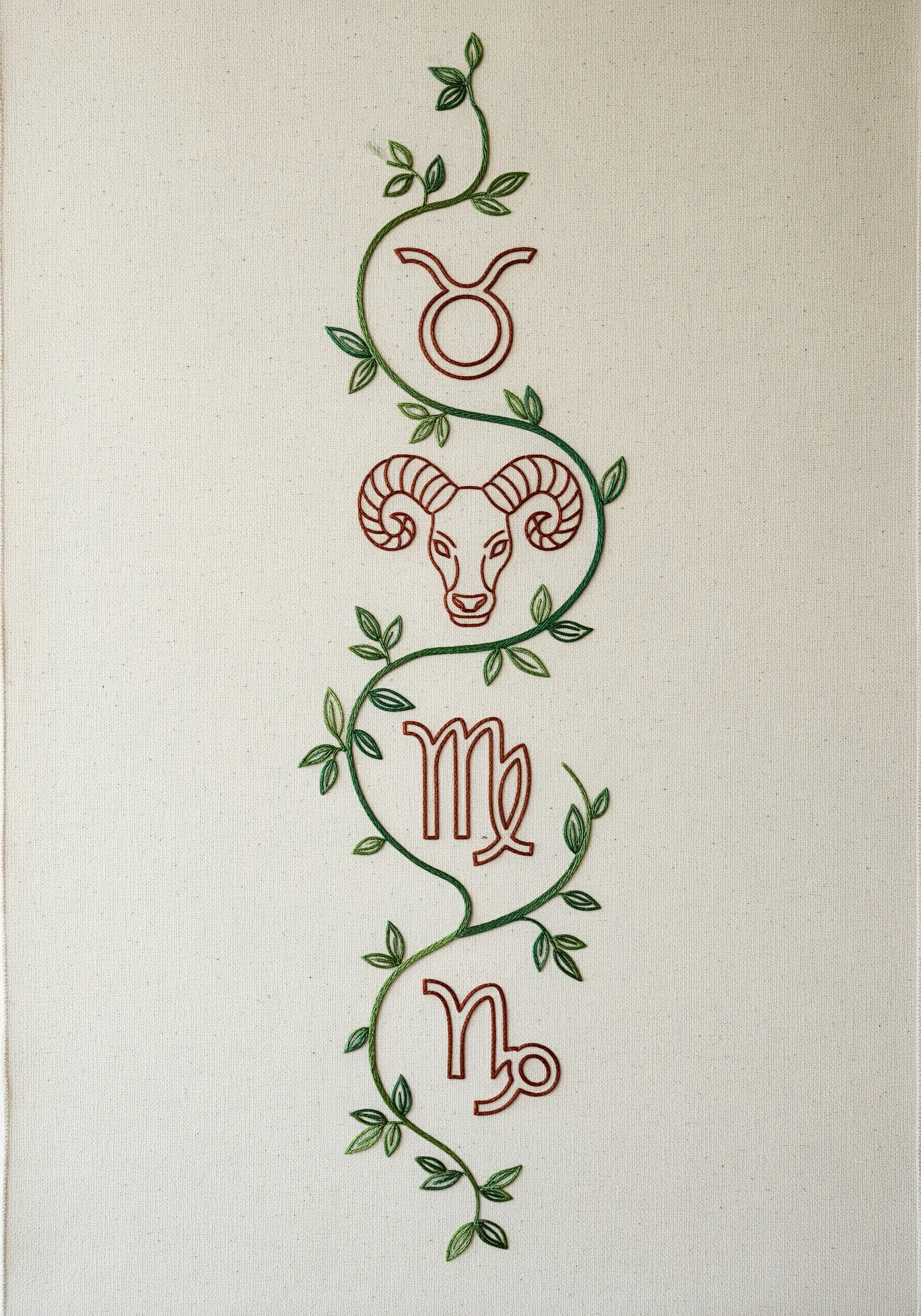 A vertical embroidery of Earth signs intertwined with a green, leafy vine.