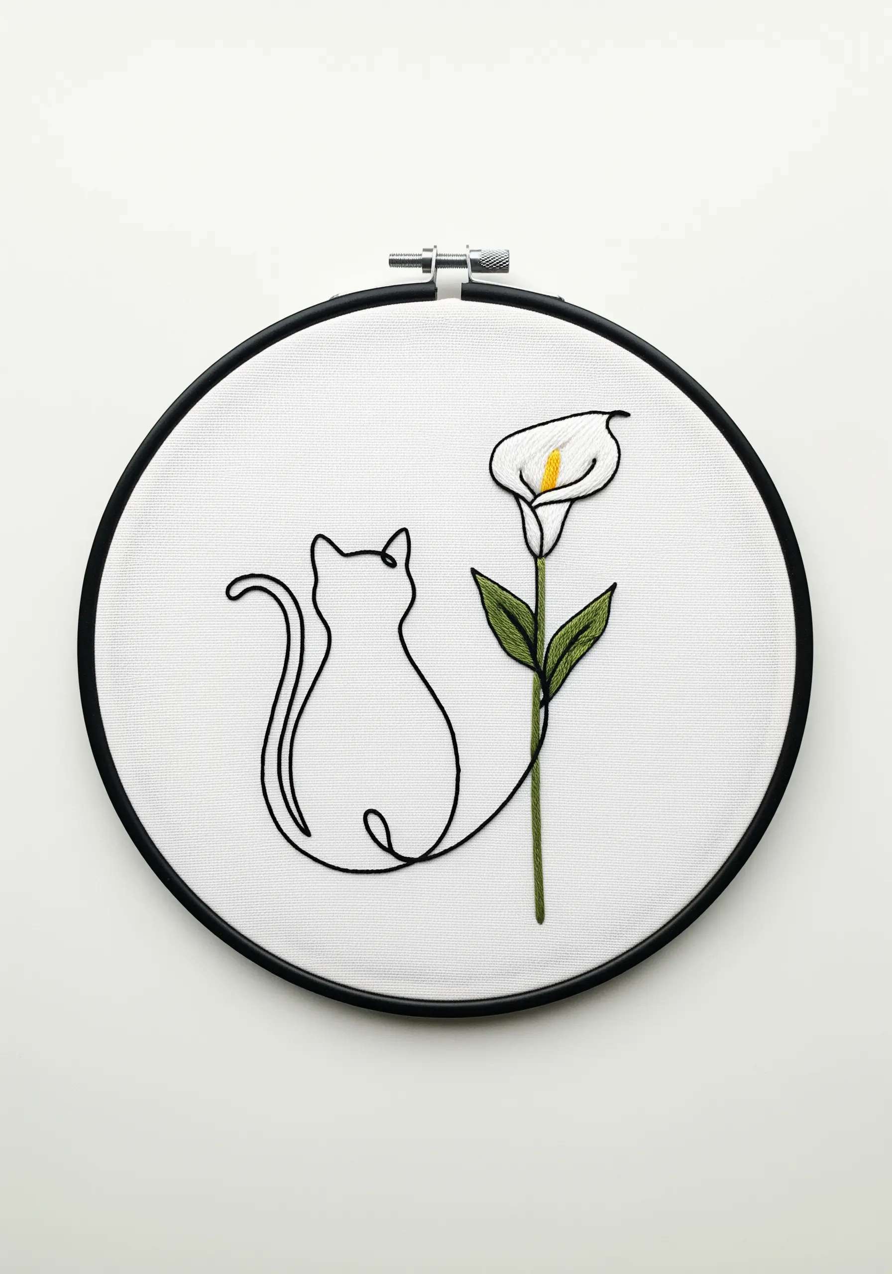 Minimalist single-line embroidery of a cat connected to a calla lily.