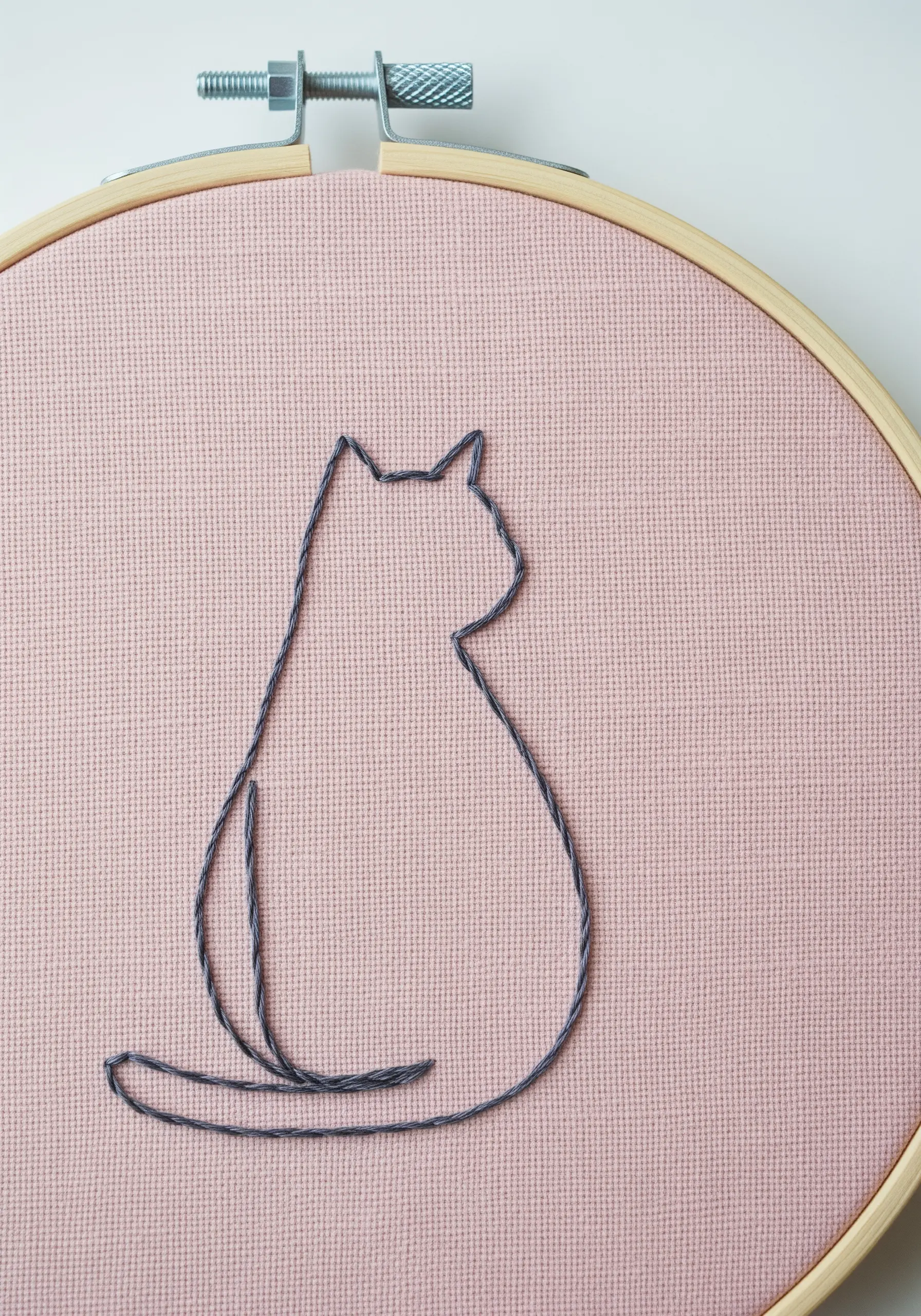 A minimalist cat silhouette embroidered in a single, fluid grey line on pink fabric.