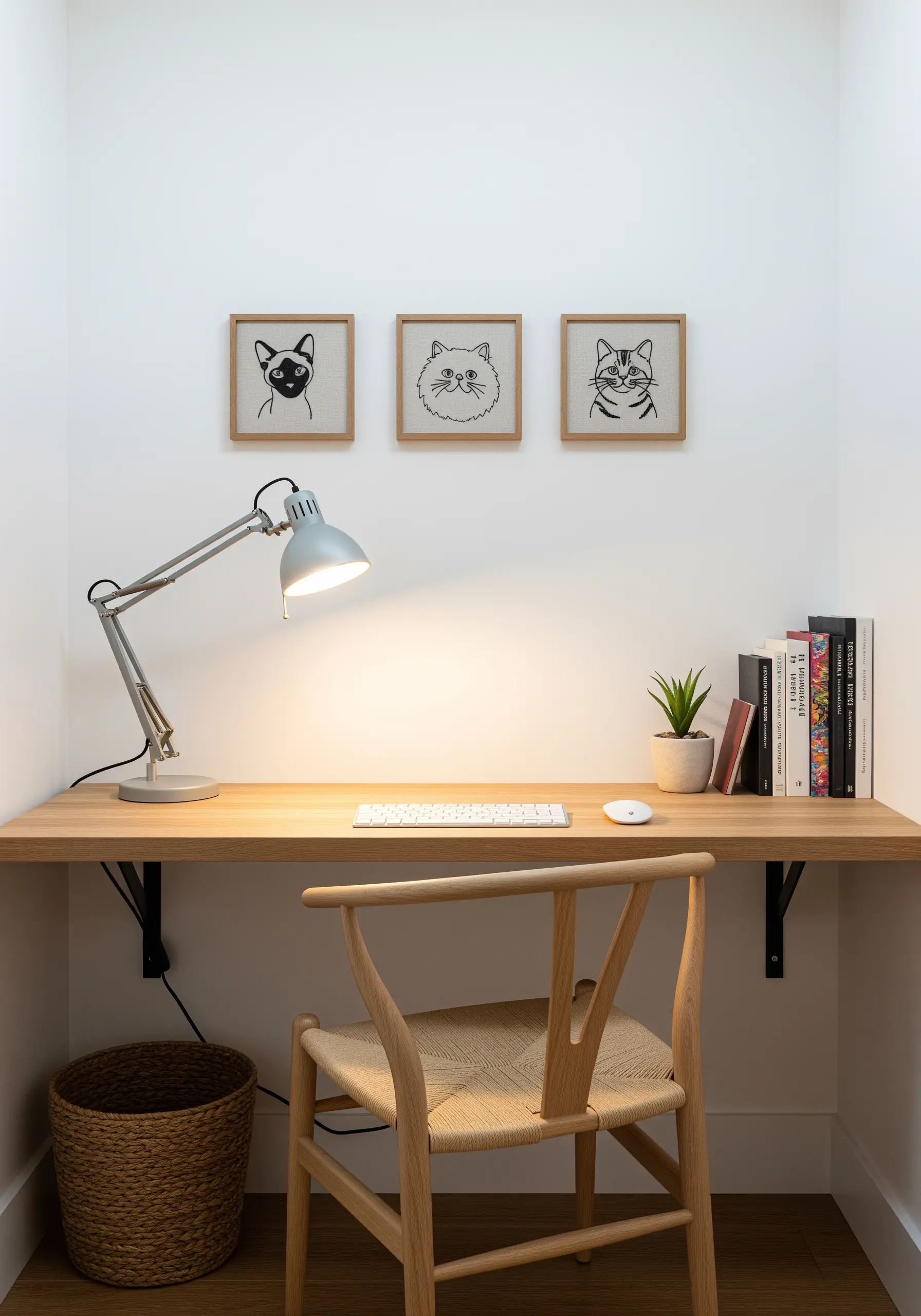 Three minimalist cat portraits in black thread, framed and hung above a desk.