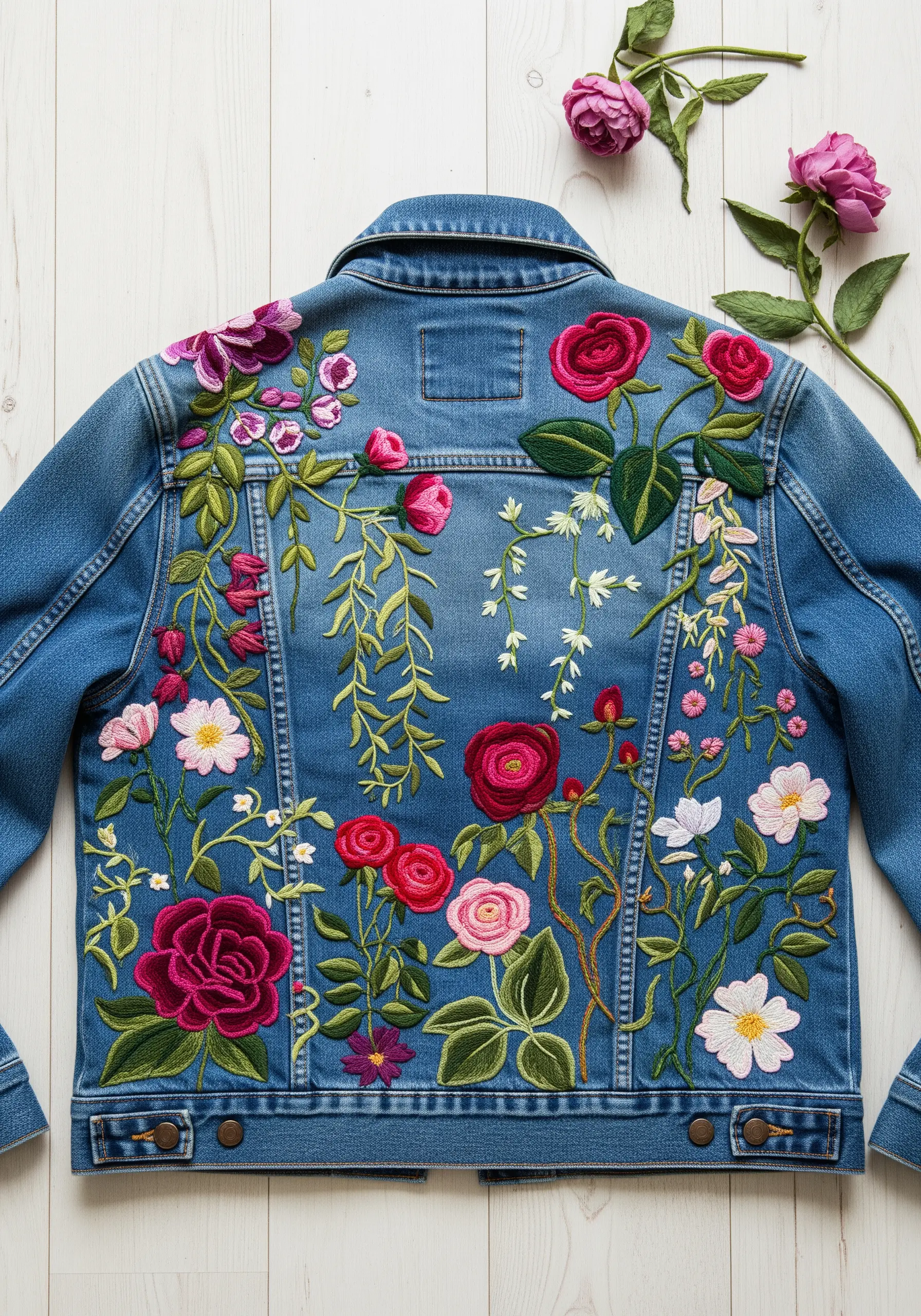 A denim jacket back panel heavily embroidered with a dense floral and vine pattern.
