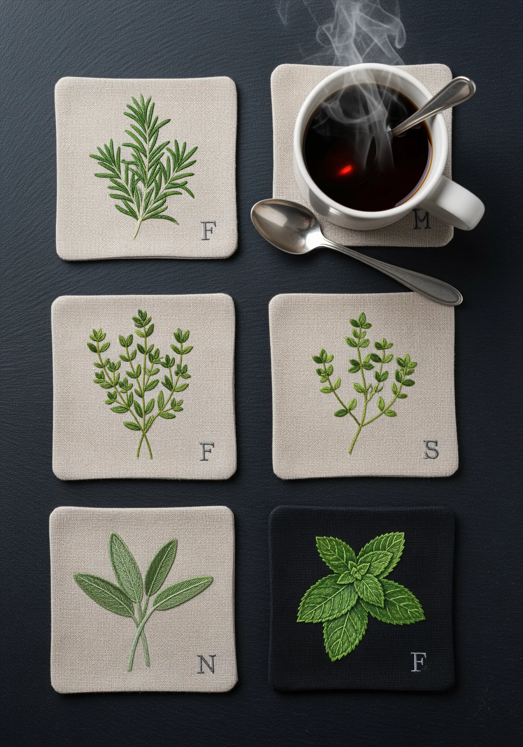 A set of five embroidered coasters, each featuring a different herb like mint, sage, and rosemary.