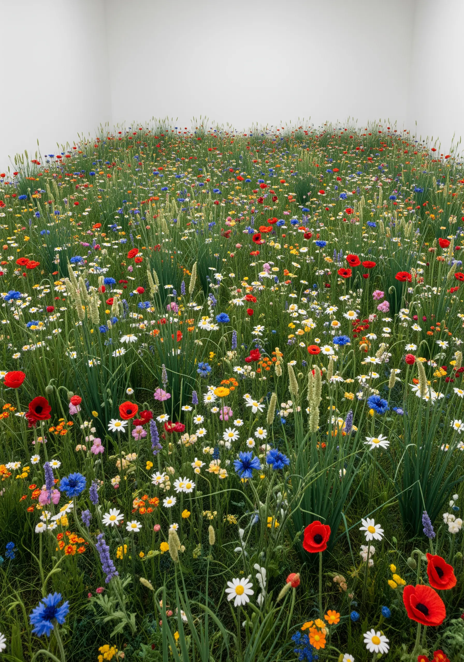 A dense, colorful field of wildflowers made from fabric and fiber.