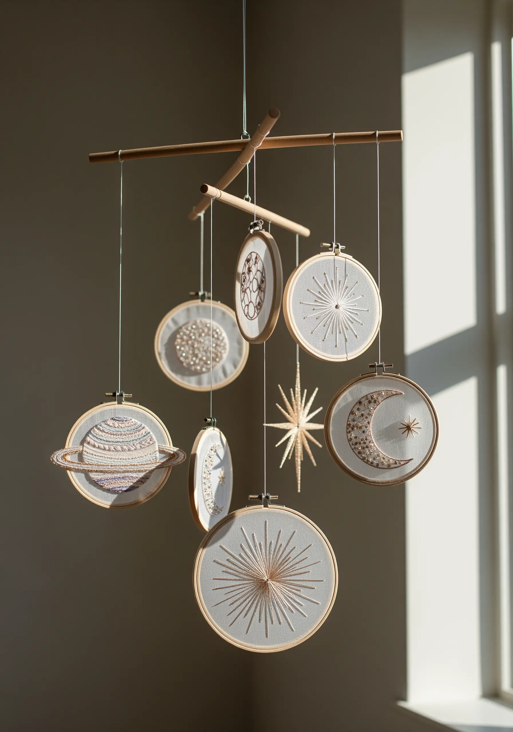 A celestial mobile made of small embroidered hoops with planets, moons, and stars.