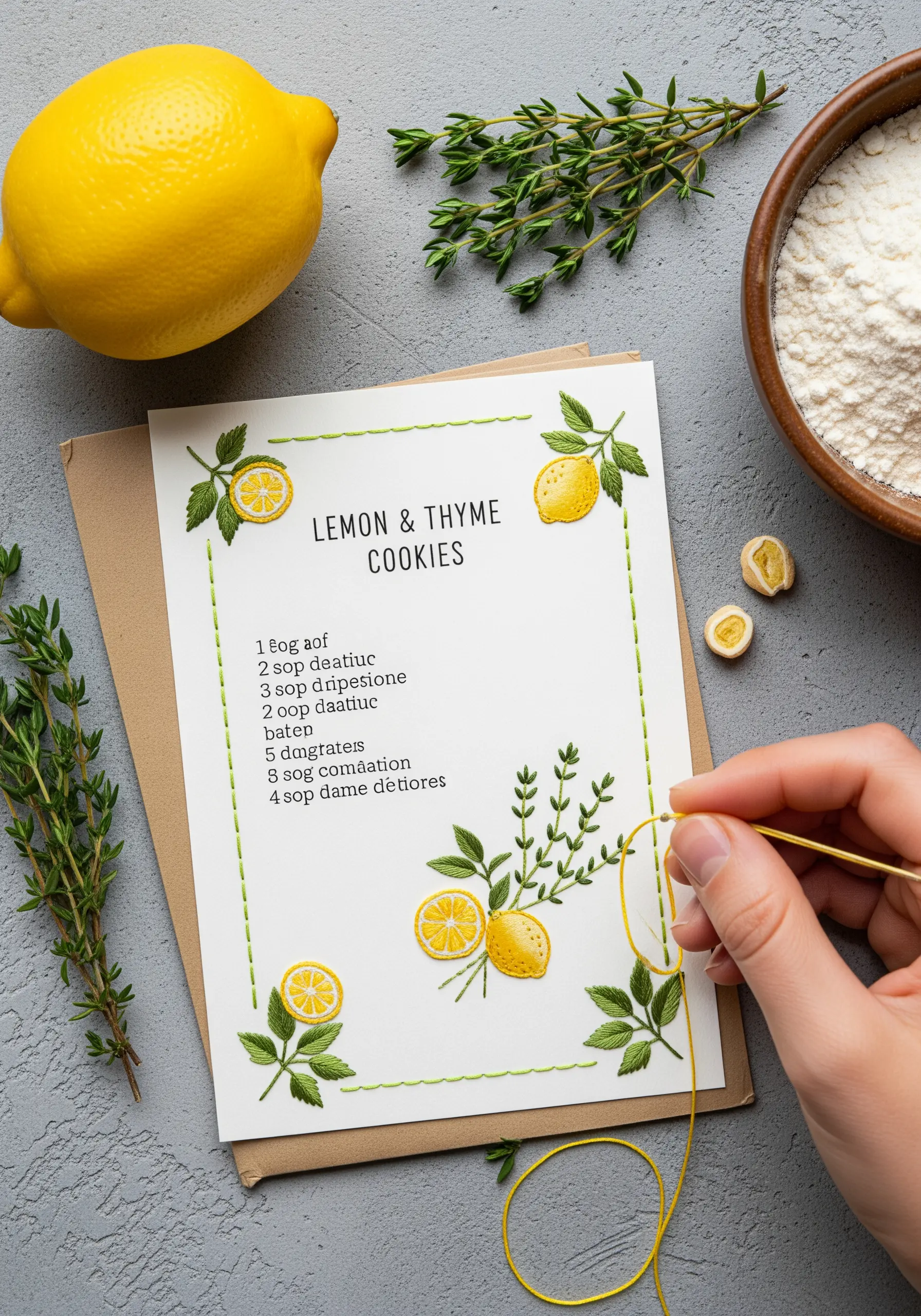 A recipe card for lemon and thyme cookies, illustrated with embroidered lemons and herbs.