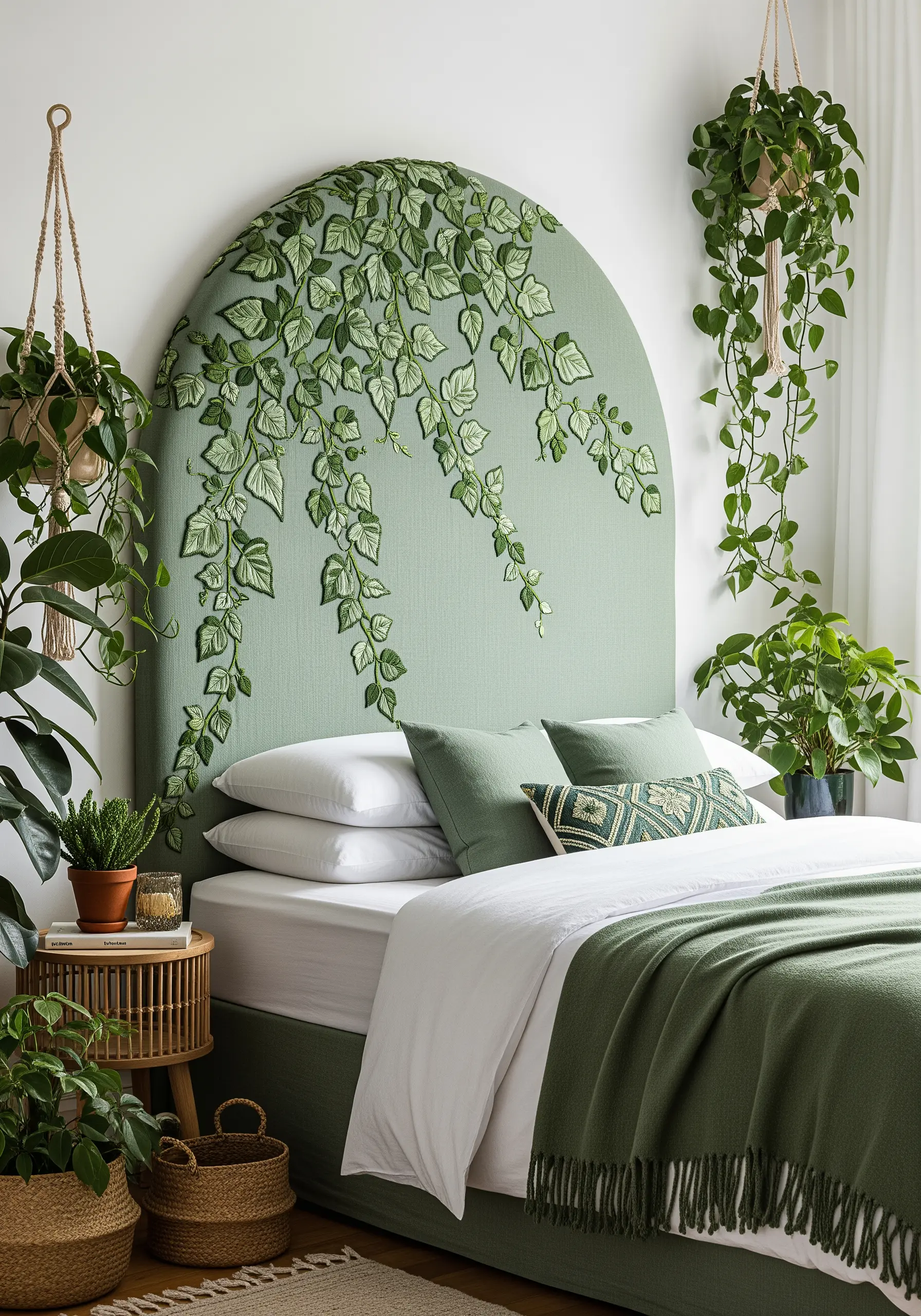 Cascading ivy vines embroidered in various green tones on a sage green headboard.