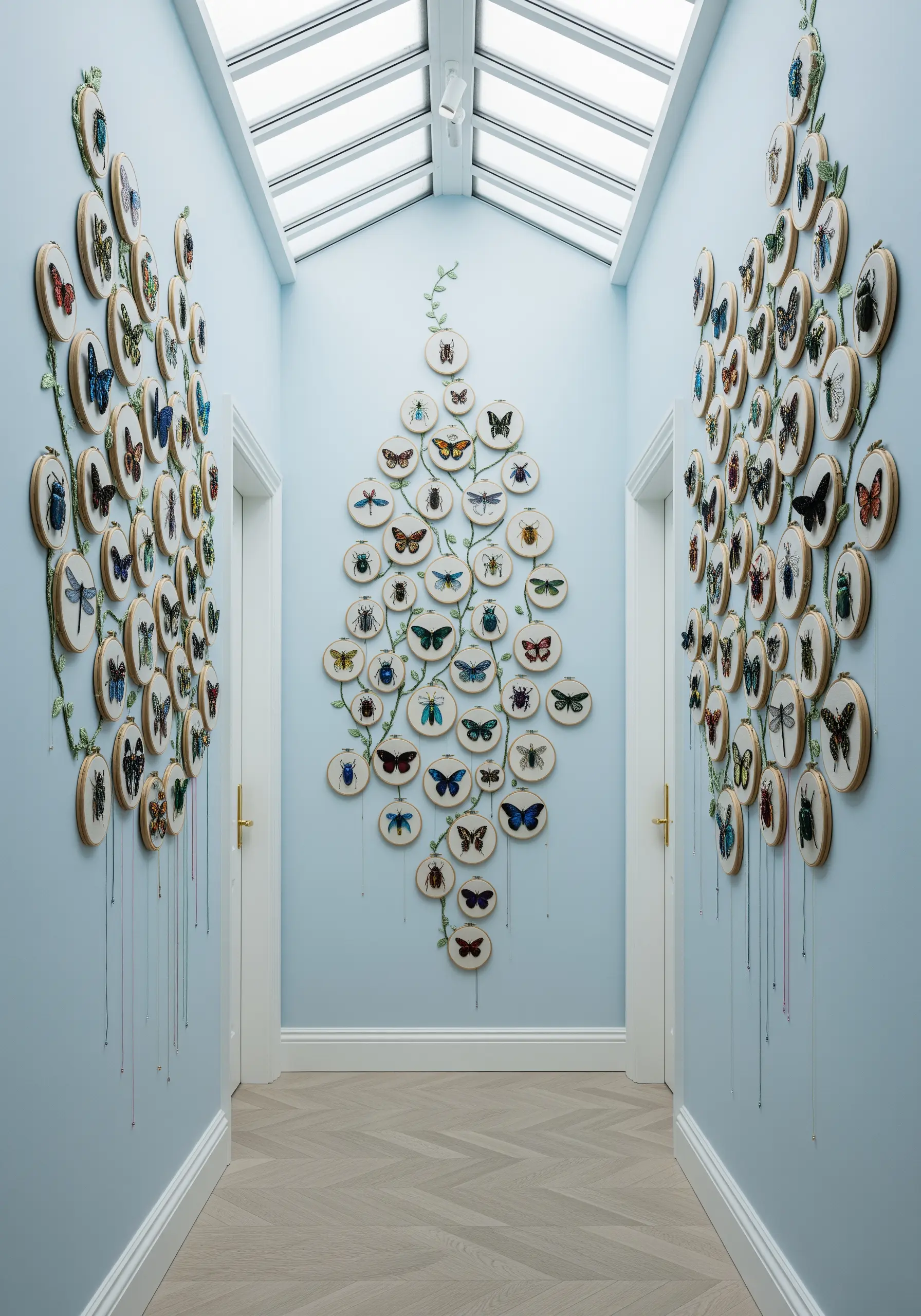 A large wall installation of dozens of small embroidery hoops featuring insects and butterflies.
