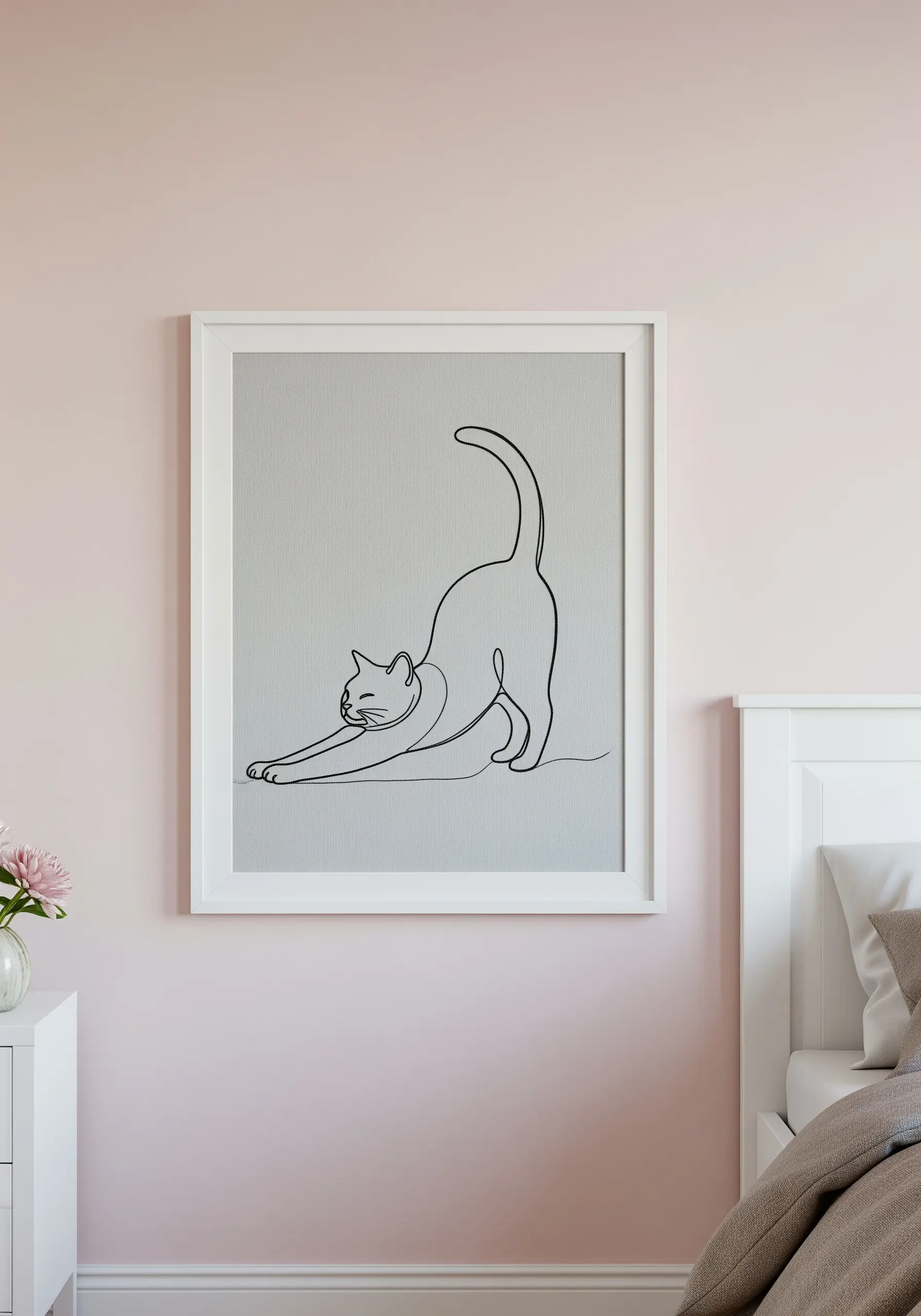 A single-line drawing of a stretching cat embroidered in black thread on grey fabric.