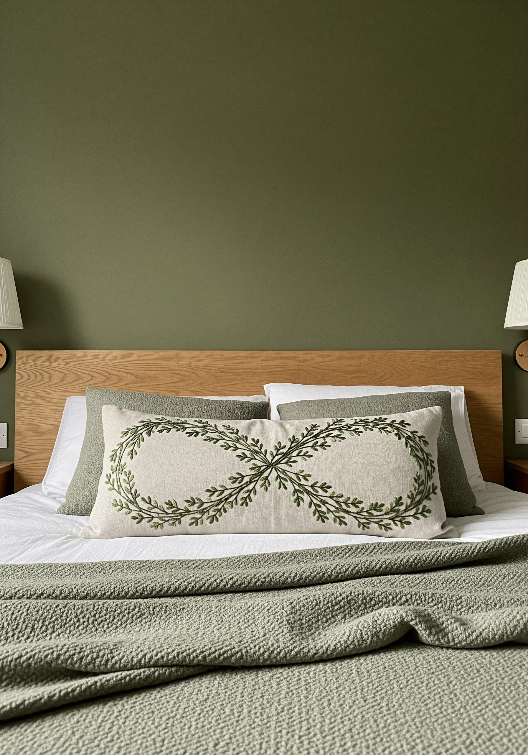 An infinity symbol formed by intertwined green laurel leaves on a lumbar pillow.