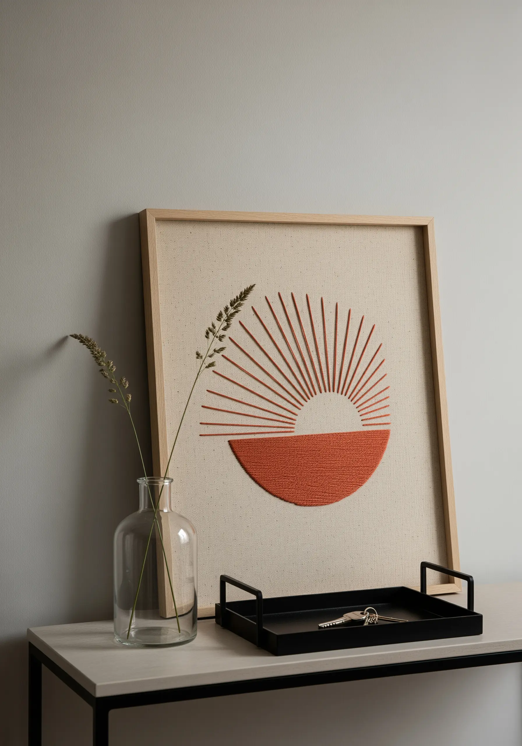 Abstract sunrise with long straight stitches and a satin-stitched semicircle.