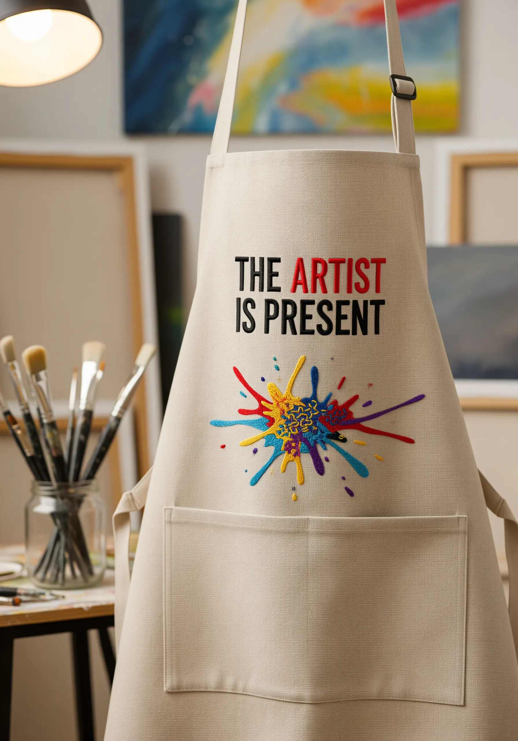 A canvas artist's apron embroidered with a colorful paint splatter and bold text.
