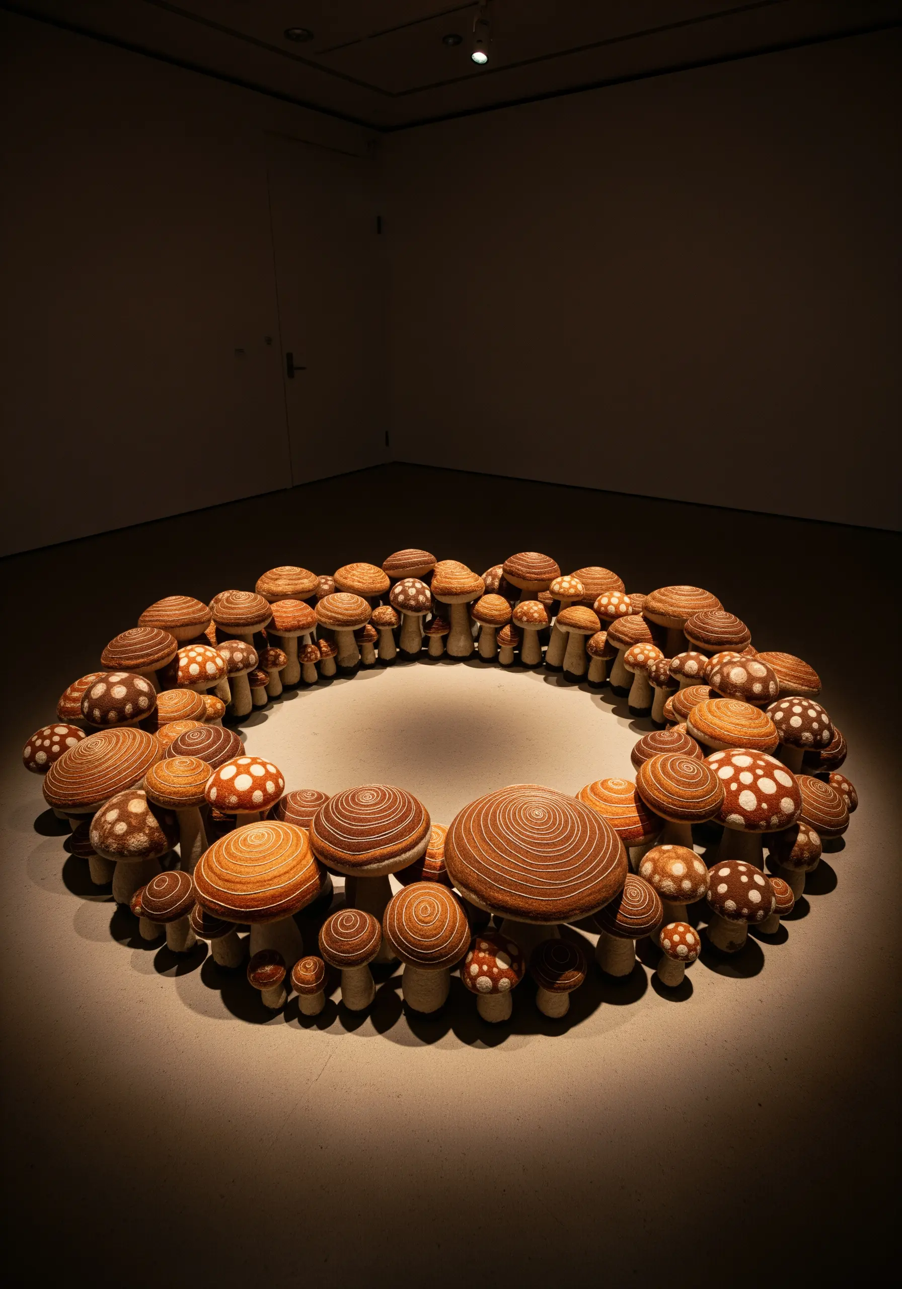 A circular arrangement of dozens of small, embroidered mushrooms on the floor.