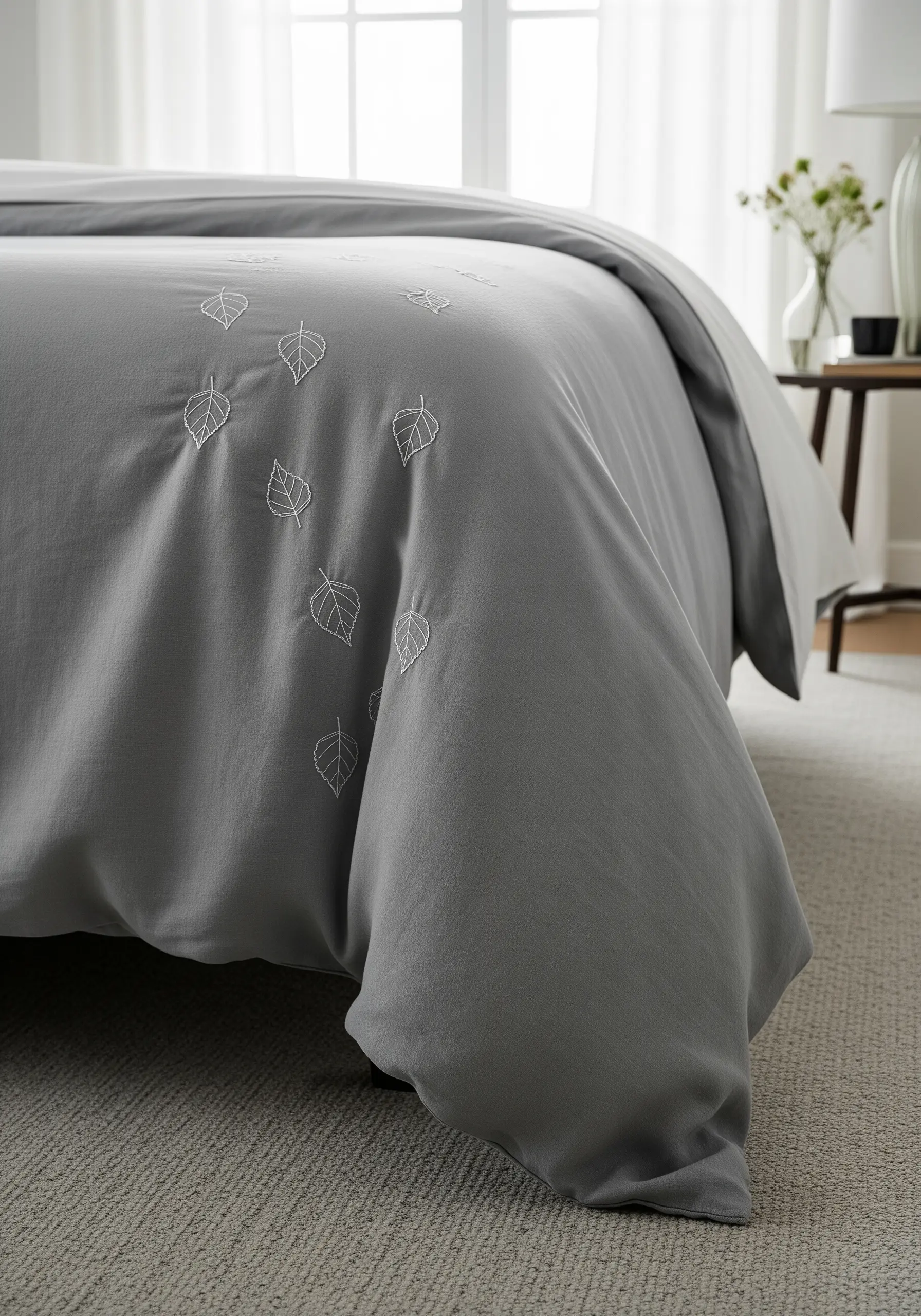 A grey duvet cover with small, white leaf outlines embroidered in a cascading pattern.