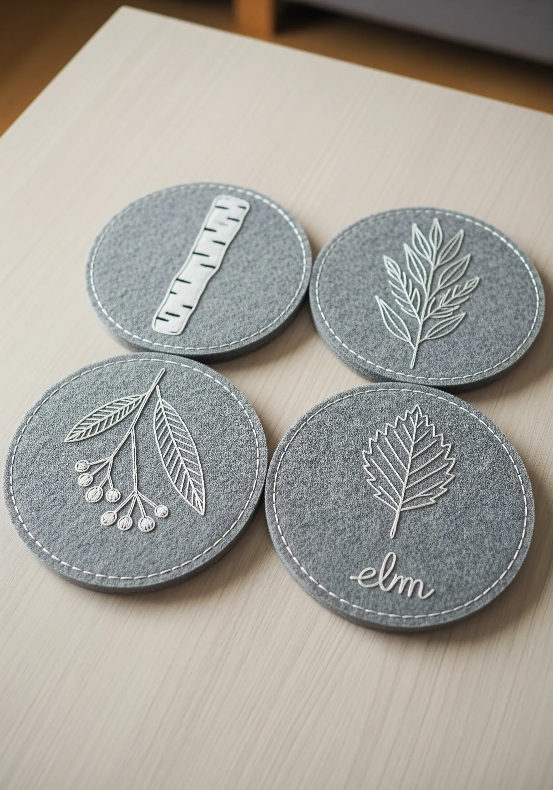 A set of four grey felt coasters, each with a white botanical embroidery design.