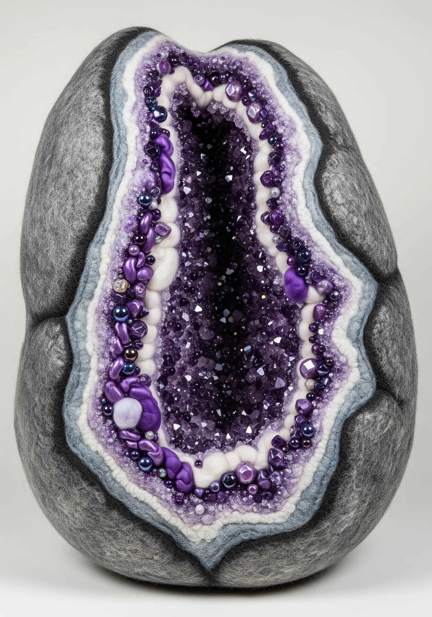 A fiber art geode made with felt, beads, and embroidery in shades of purple and gray.