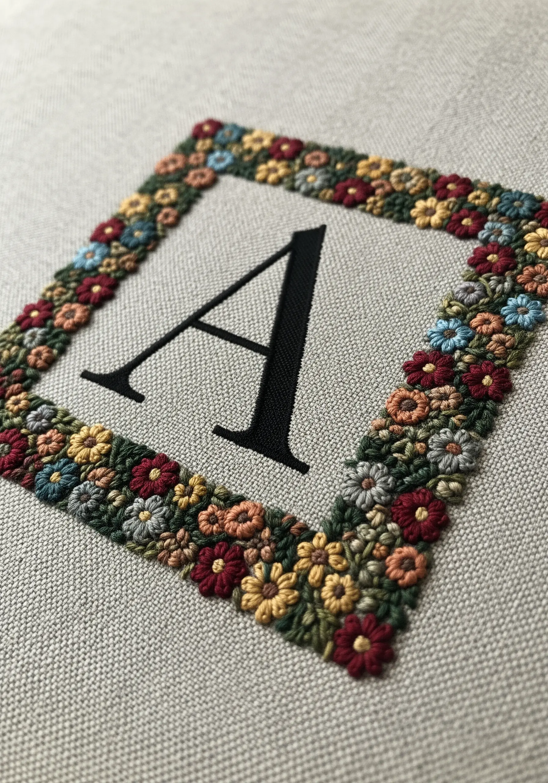 Embroidered letter 'A' surrounded by a dense floral border